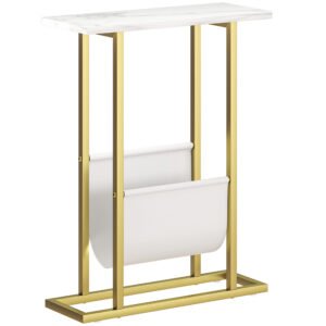 HOMCOM Narrow Side Table, End Table with Magazine Holder, Nightstand for Small Spaces, Living Room, Bedroom, White Marble Grain