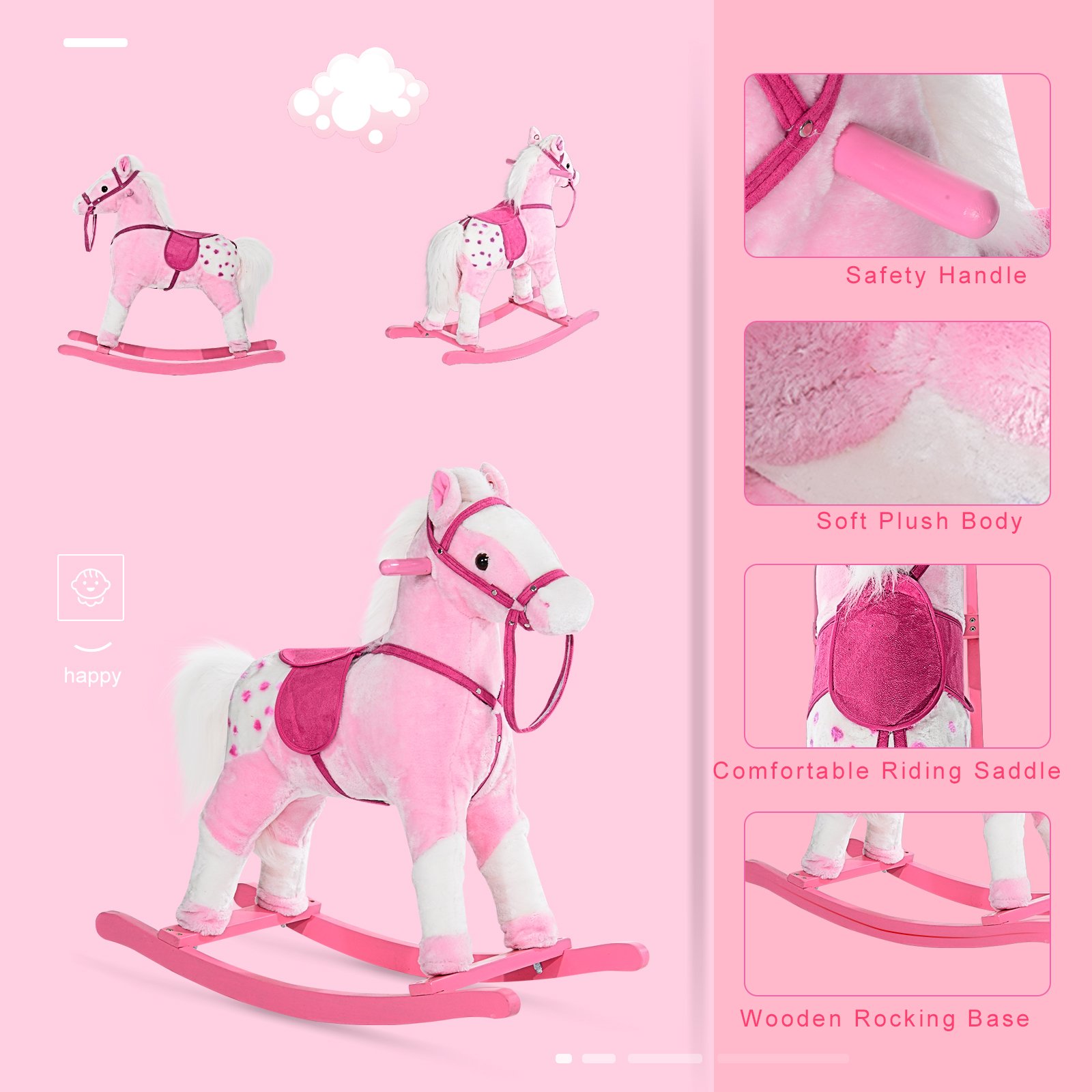 HOMCOM Baby Rocking Horse Plush Ride on Animals Rocker with Sound Handle Grip for Kids 3-6 Years - Pink - Image 7