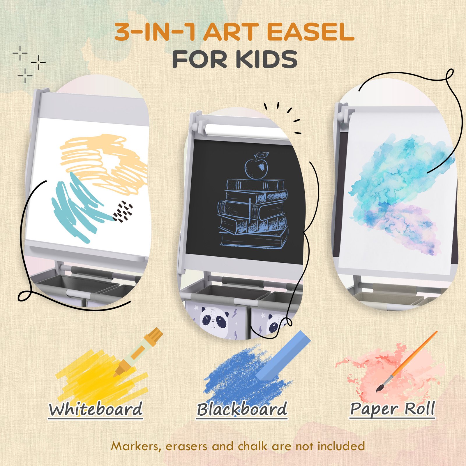 AIYAPLAY 3-In-1 Kids Easel with Paper Roll, Art Easel, with Storage - Grey - Image 4