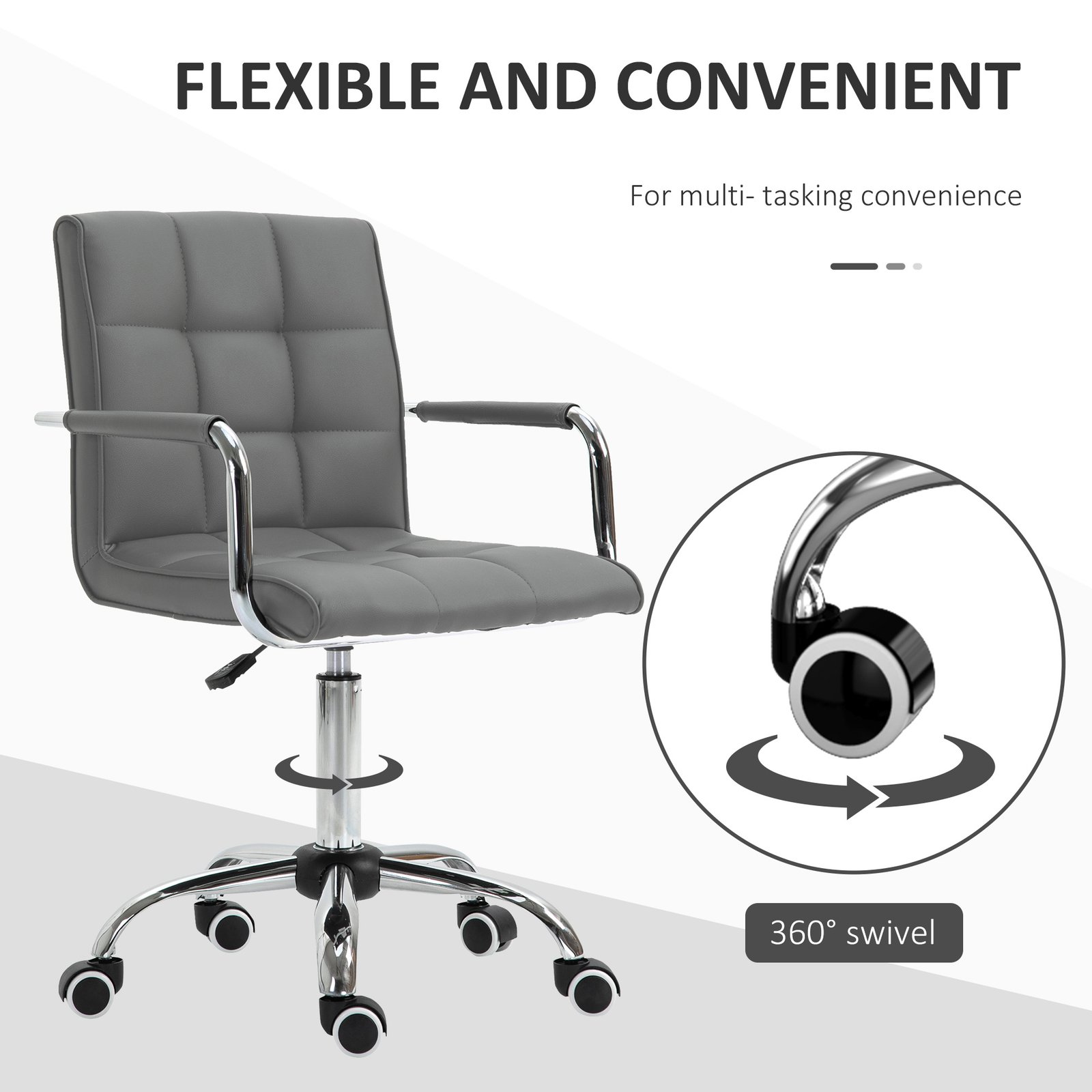Vinsetto PU Leather Home Office Desk Chair, Computer Chair with Mid Back, Arm, Swivel Wheels, Adjustable Height, Grey - Image 5