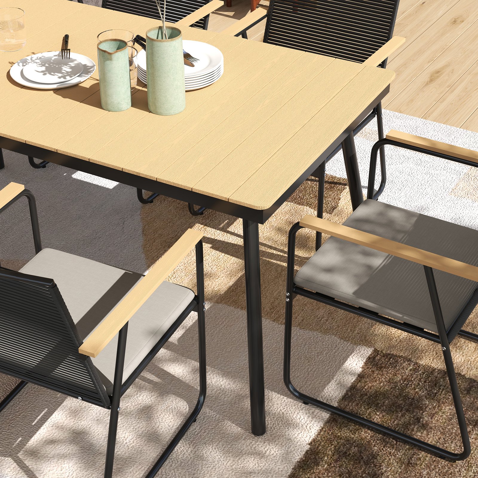 Outsunny 6 Seater Garden Dining Set with Soft Cushions, Rattan Backrest, Rectangular Plastic Top, Garden Furniture Set, Outdoor Dining Table and Chairs for Patio, Balcony, Poolside, Nature Wood Finish - Image 8