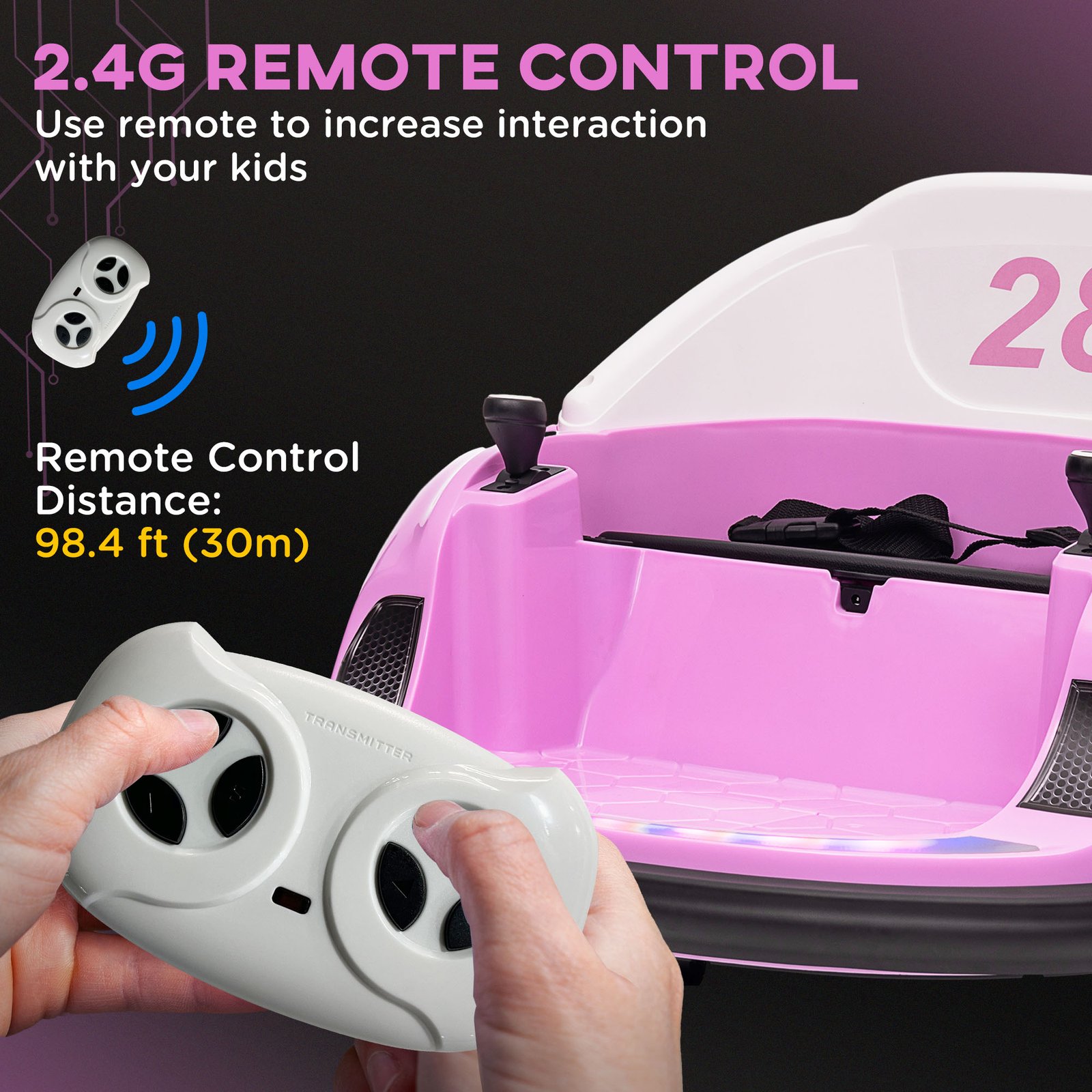 AIYAPLAY 360° Rotation Kids Bumper Car, 12V Waltz Car with Remote Control, Dual Joystick, Music, Lights, Pink - Image 6