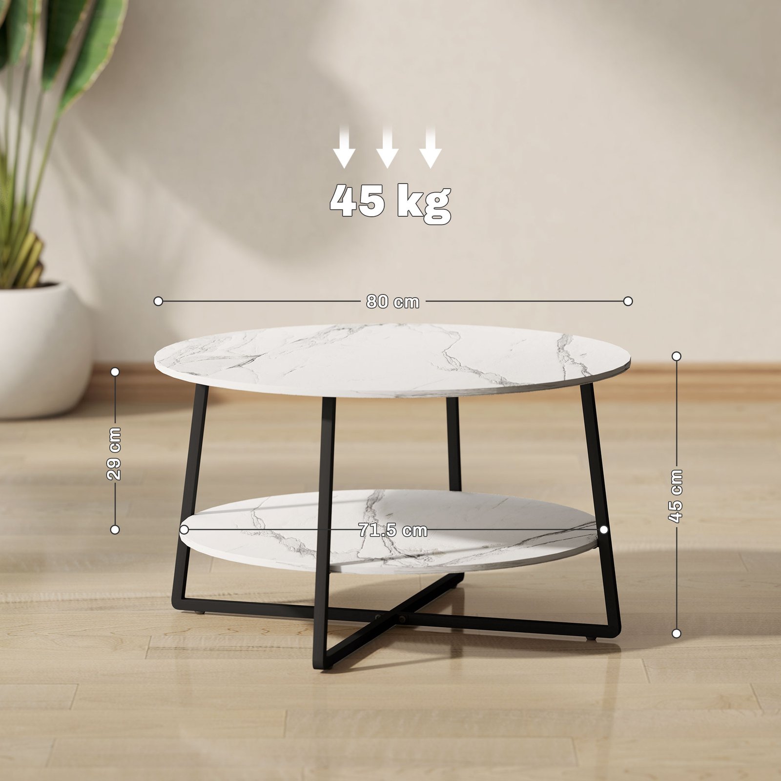 HOMCOM Two-Tier Marble-Effect Coffee Table - White/Black - Image 3
