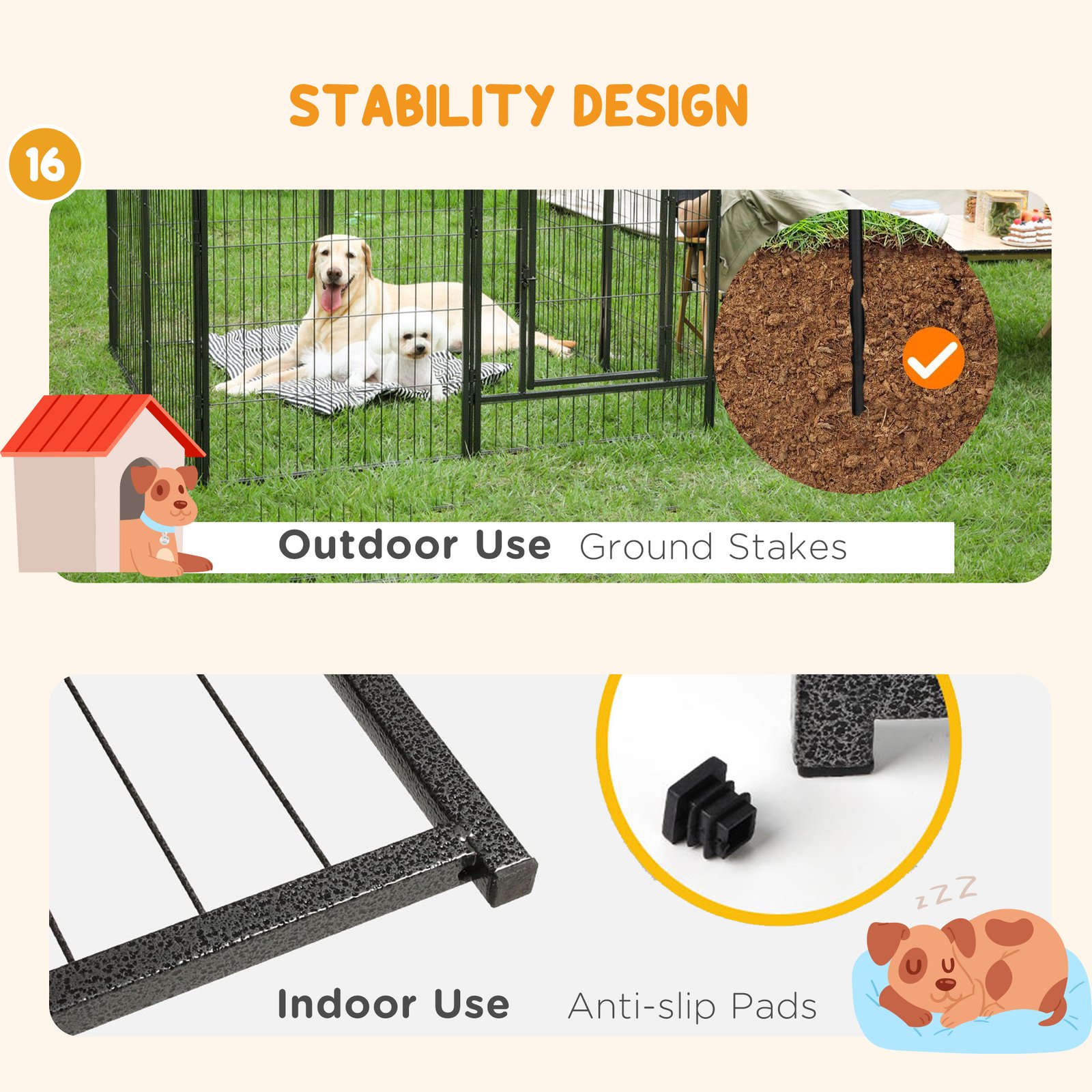 PawHut 16 Panels Heavy Duty Puppy Playpen, for Small Dogs, Indoor and Outdoor Use - Grey - Image 7