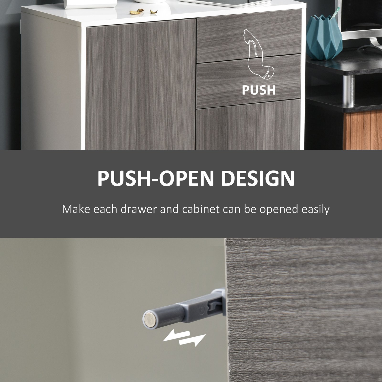 HOMCOM High Gloss Frame Sideboard, Side Cabinet, Push-Open Design with 2 Drawer for Living Room, Bedroom, Grey - Image 6