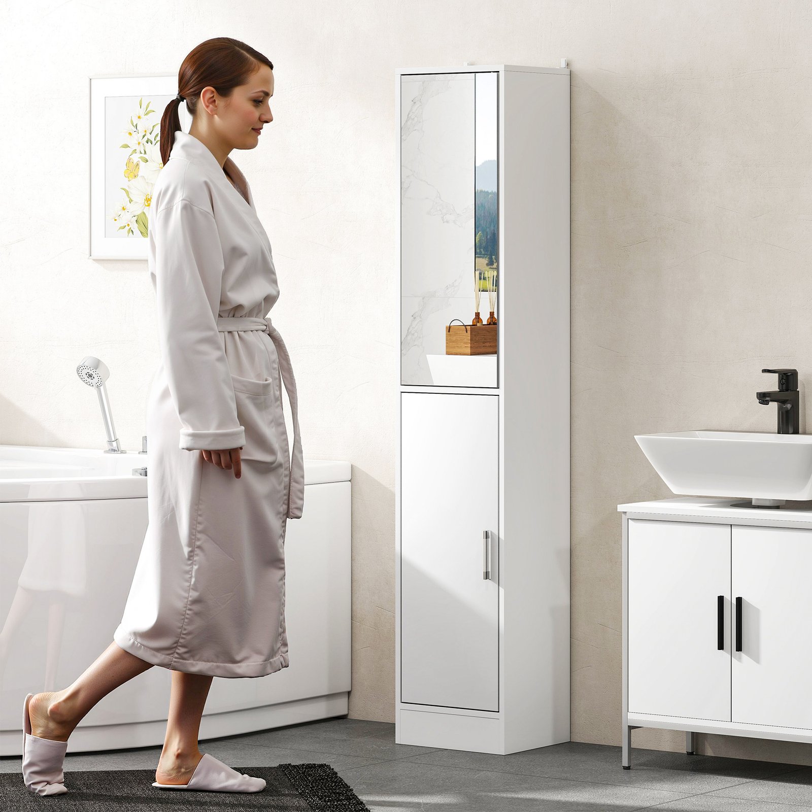 kleankin Tall Bathroom Cabinet with Mirror and Adjustable Shelf - White - Image 8