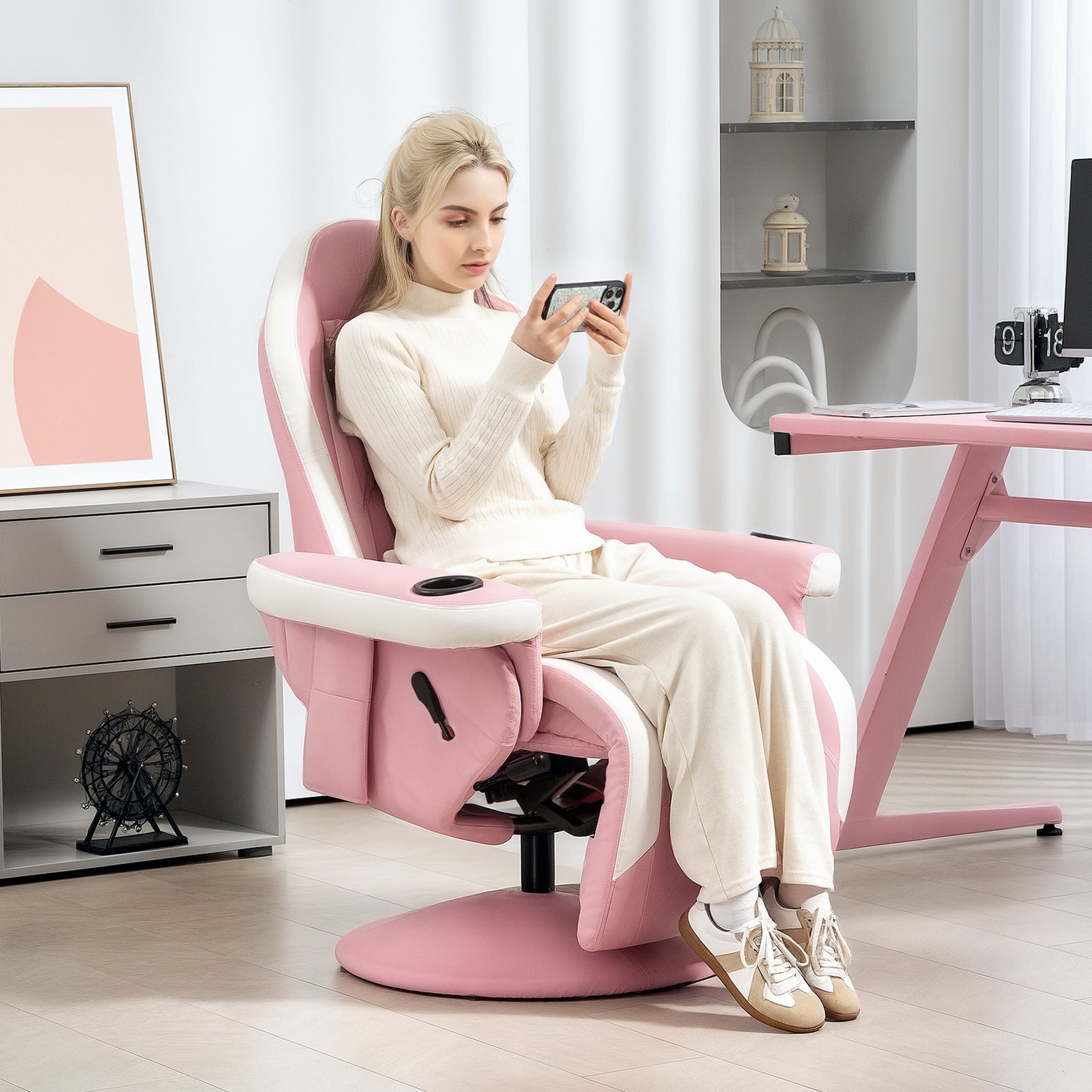 HOMCOM Manual Recliner Armchair PU Leather Lounge Chair w Adjustable Leg Rest, 135° Reclining Function, 360° Swivel, Pink - Image 2