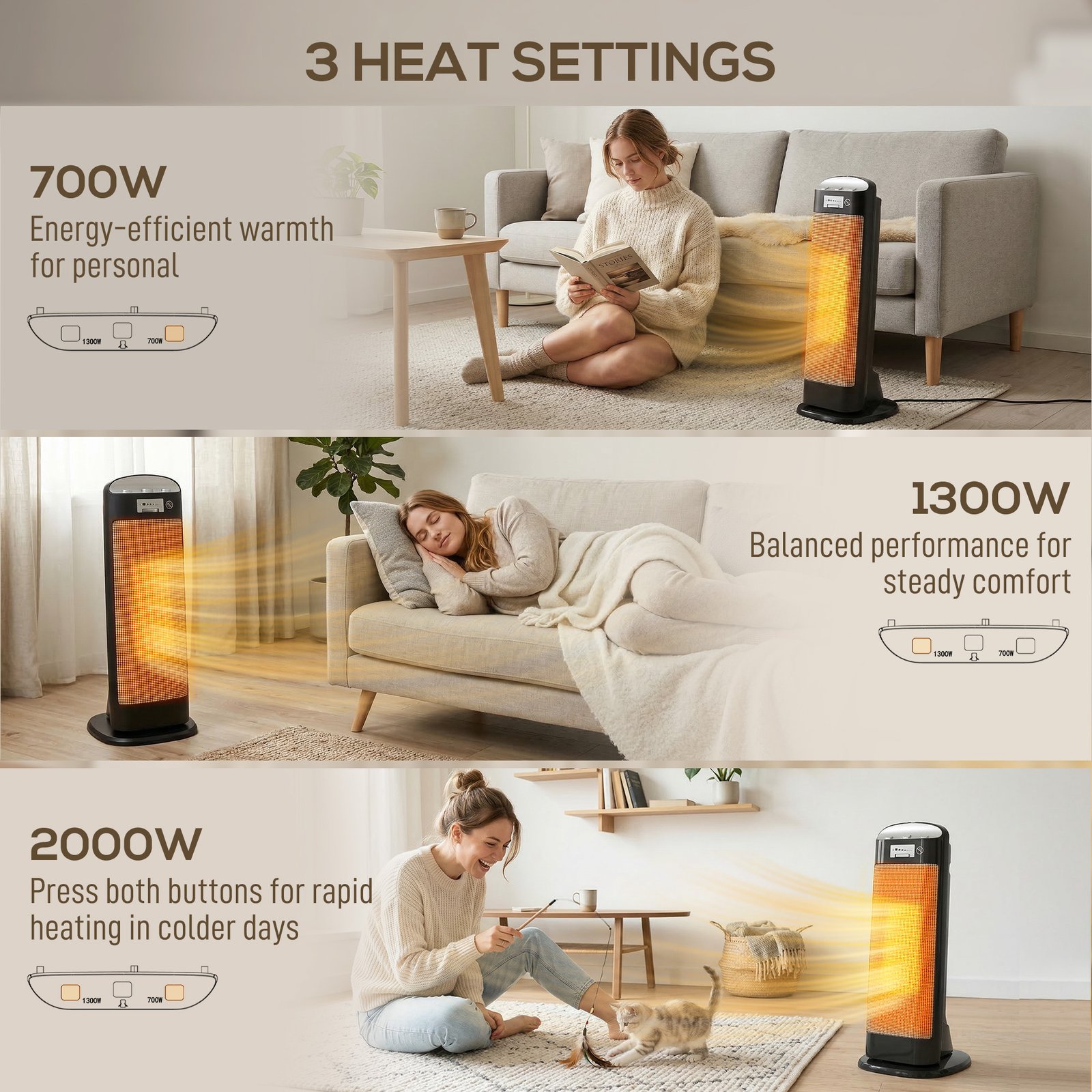 HOMCOM Ceramic Space Heater, 2000W Fan Electric Heater with 4 Modes, Adjustable Thermostat, 55° Oscillation, Tip-Over and Overheat Protection for Bedroom, Home Office, Black - Image 7