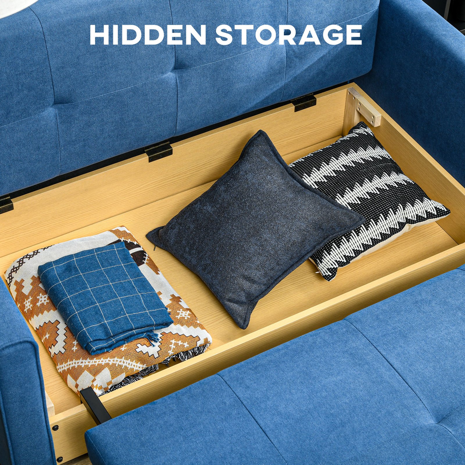 HOMCOM 2 Seater Sofa Bed with Hidden Storage, Pull Out Convertible Bed Settee, Modern Snow Flannel Loveseat Sofa Sleeper with 2 Cushions for Living Room, Guest Room, Deep Blue - Image 5