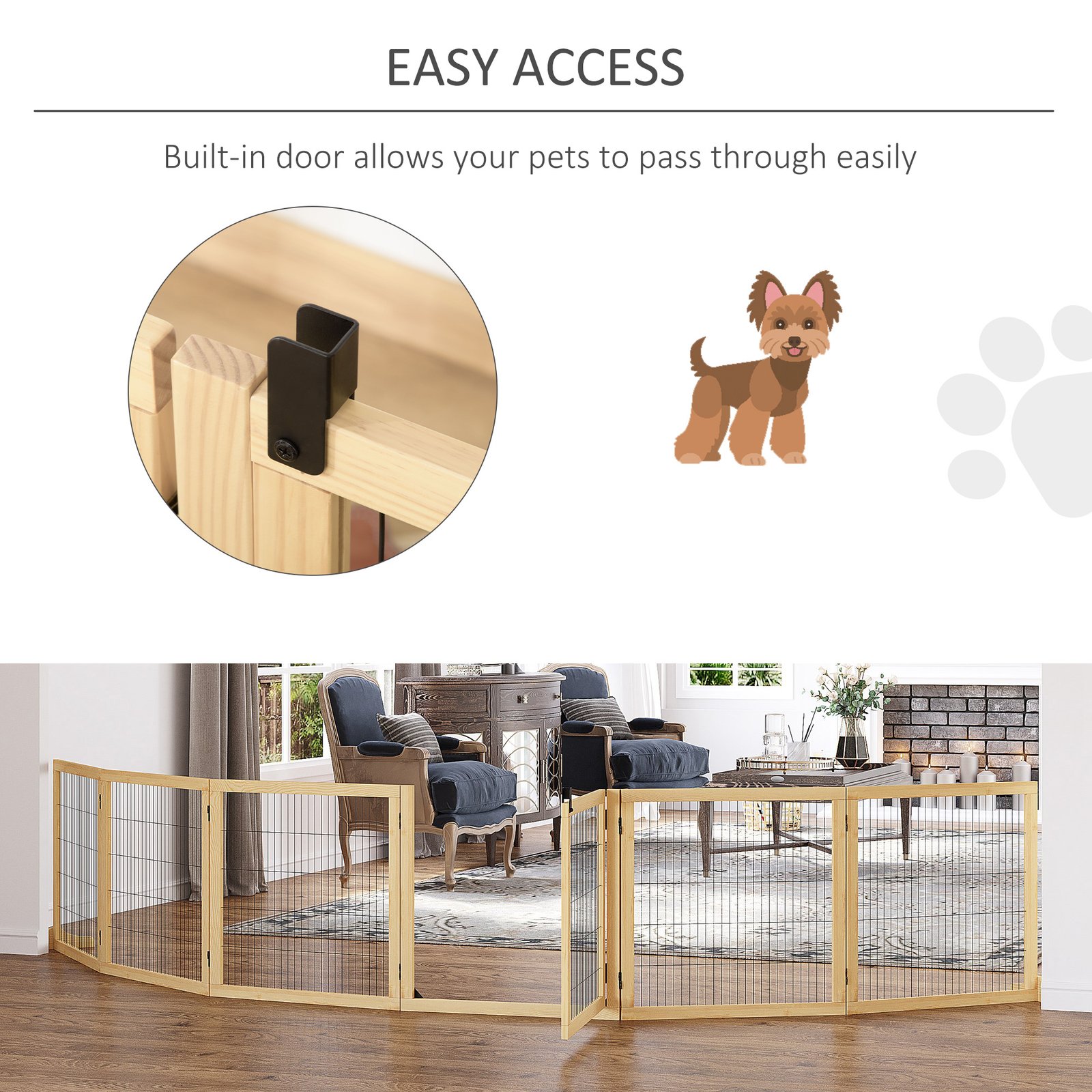PawHut Wooden Pet Gate, Freestanding Dog Safety Barrier with Two Support Feet - Natural Tone - Image 8