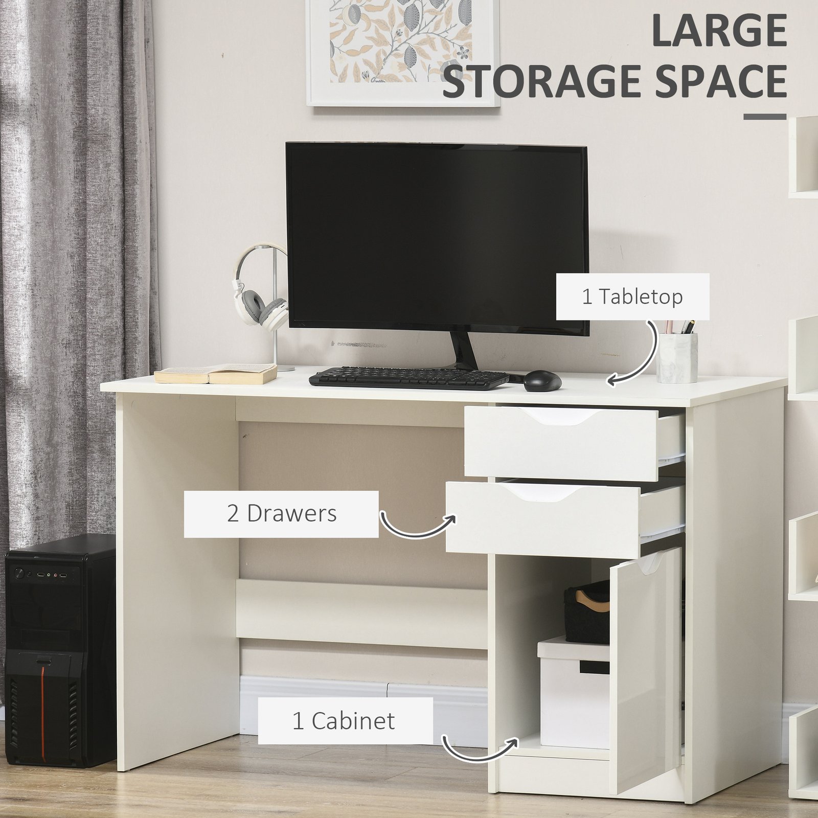HOMCOM Computer Desk with Drawers, High Gloss Home Office Desk with Storage Cabinet, Study Workstation, 120 x 60cm, White - Image 5