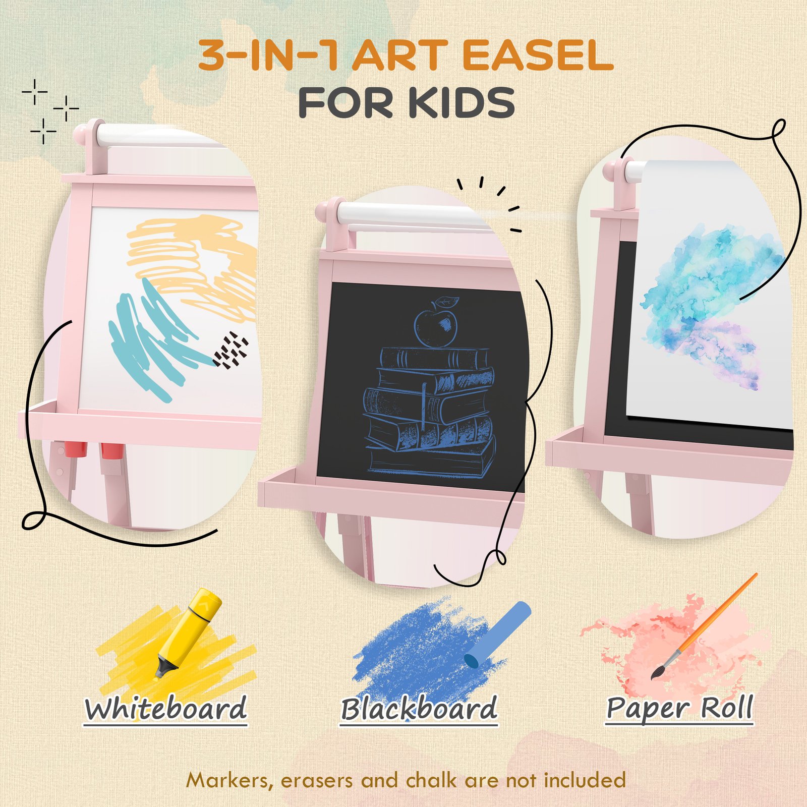 AIYAPLAY 3 in 1 Kids Easel Double-Sided Magnetic Whiteboard and Chalkboard with Paper Roll, Storage Baskets - Pink - Image 4