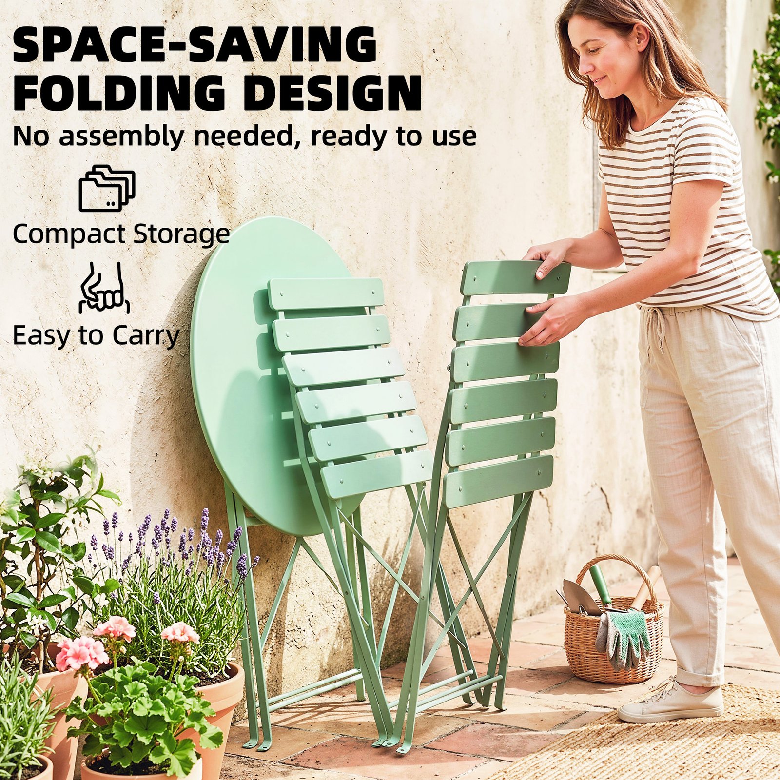 Outsunny Folding Garden Bistro Set, Outdoor Round Bistro Table and Chairs Set 2 with Electrophoresis Metal Frame, Light Green - Image 6