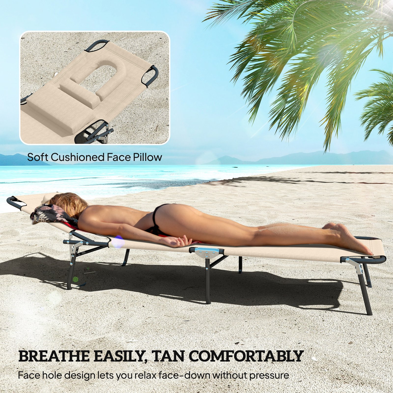 Outsunny Folding Sun Lounger with Face Hole, 4-Position Adjustable Backrest Garden Recliner Chair Sunbed, Outdoor Lounge Chair with 600 D Oxford Cloth Seat, Pillow for Beach, Beige - Image 7
