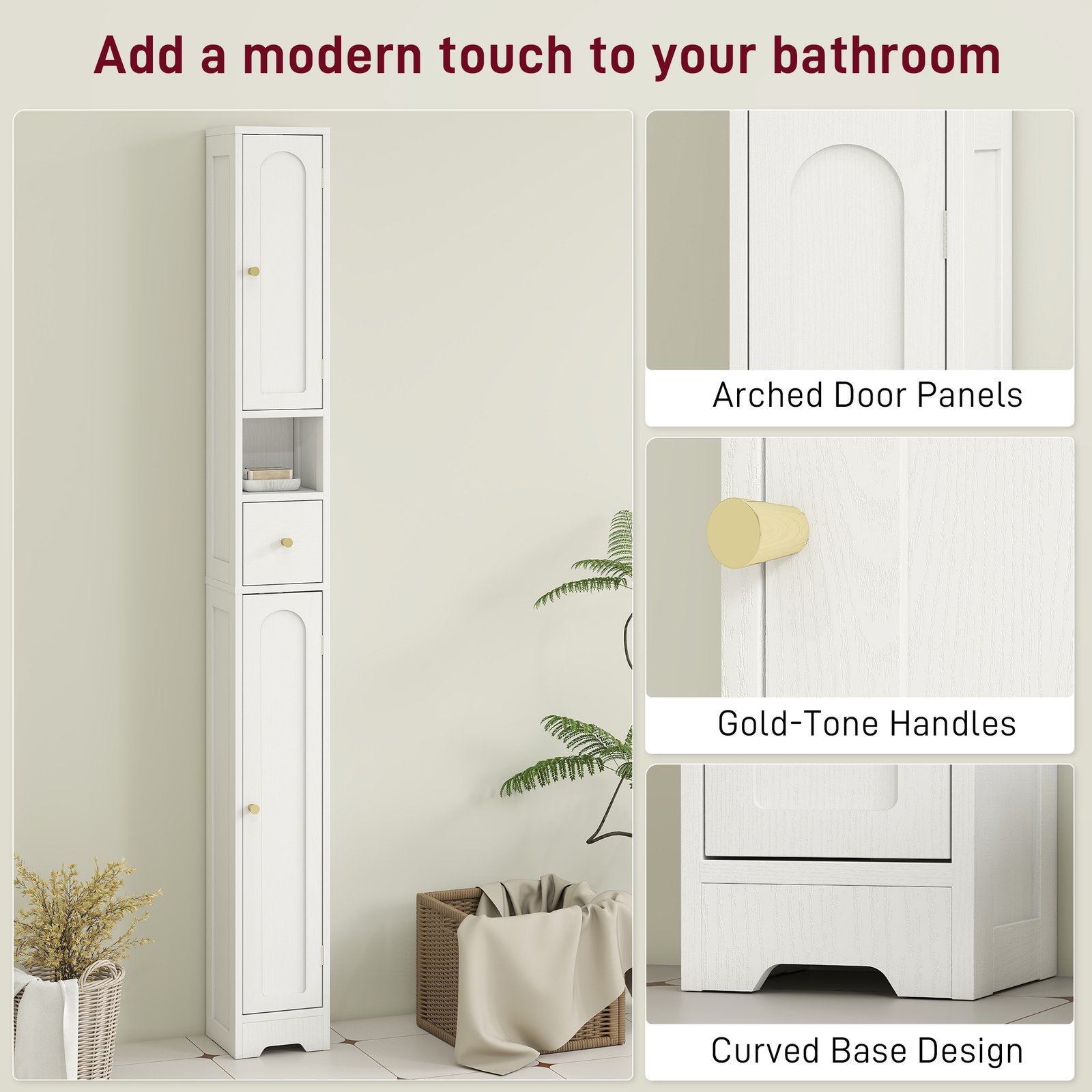 HOMCOM 185 cm Tall Bathroom Cabinet with Arched Doors - White - Image 6