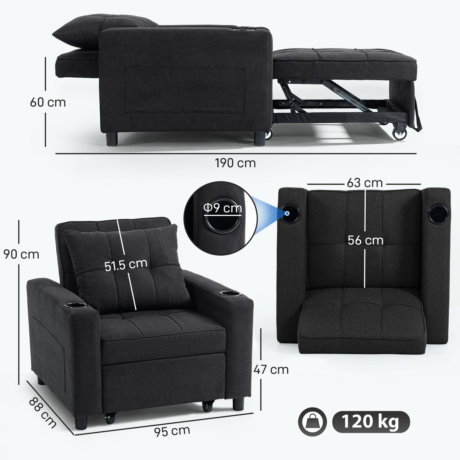 HOMCOM 3-in-1 Single Sofa Bed, Convertible Sleeper Chair Bed - Black - Image 3