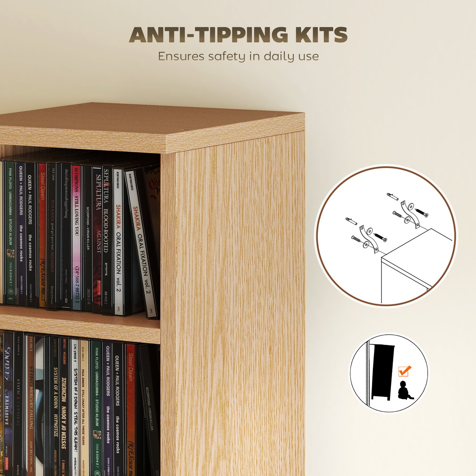 HOMCOM Set of 2 CD Media Display Shelf Unit Tower Rack with Adjustable Shelves, Natural - Image 7