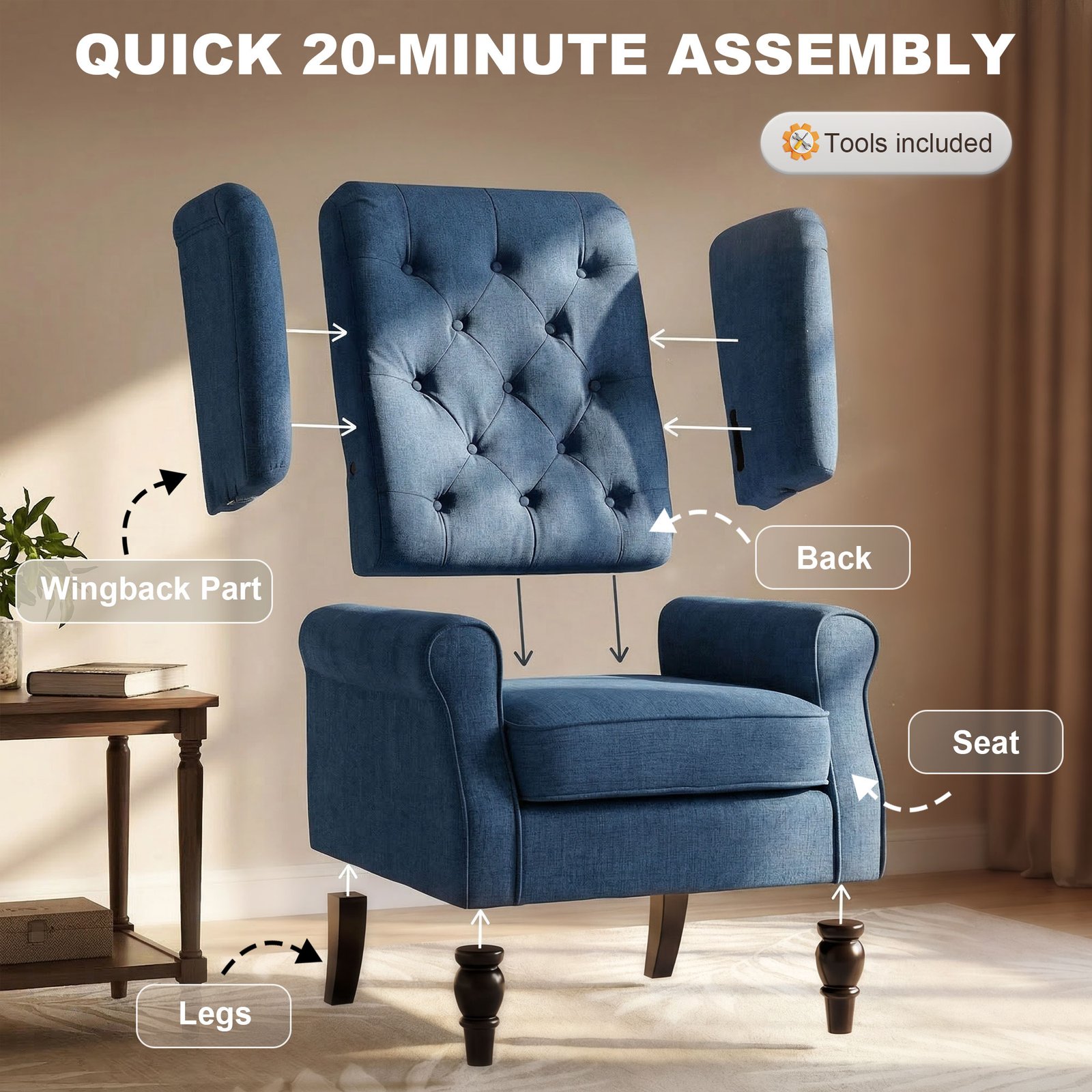 HOMCOM Wingback Accent Chair, Retro Upholstered Button Tufted Occasional Chair for Living Room and Bedroom, Blue - Image 7