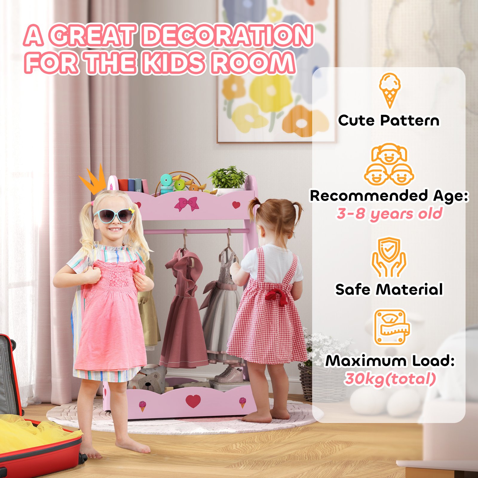 AIYAPLAY Kids Bed with Safety Rails, Kids Clothes Rail, Kids Full Length Mirror, 3 Piece Kids Furniture Set for Bedroom, Pink - Image 5