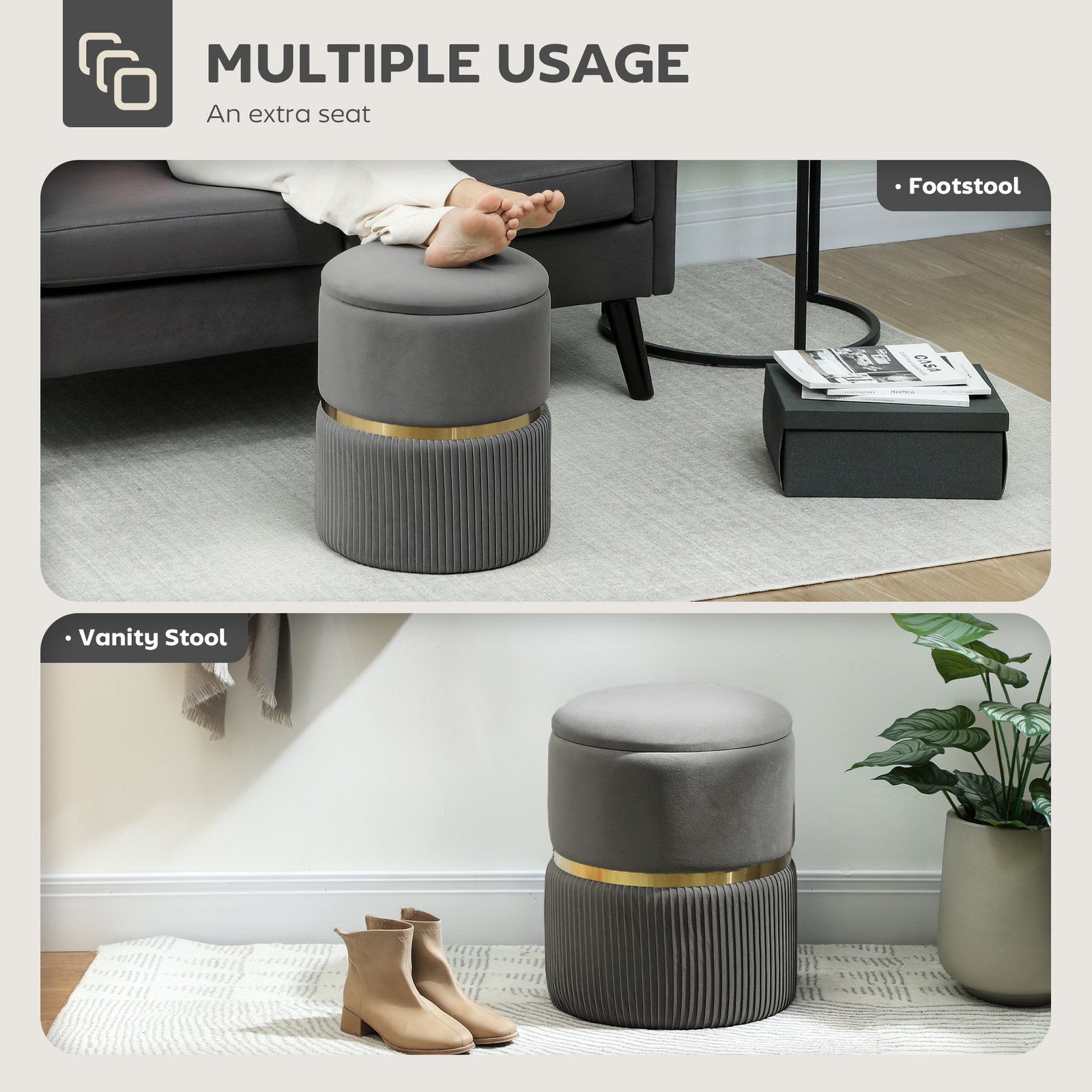 HOMCOM Velvet-Feel Storage Ottoman - Grey - Image 6