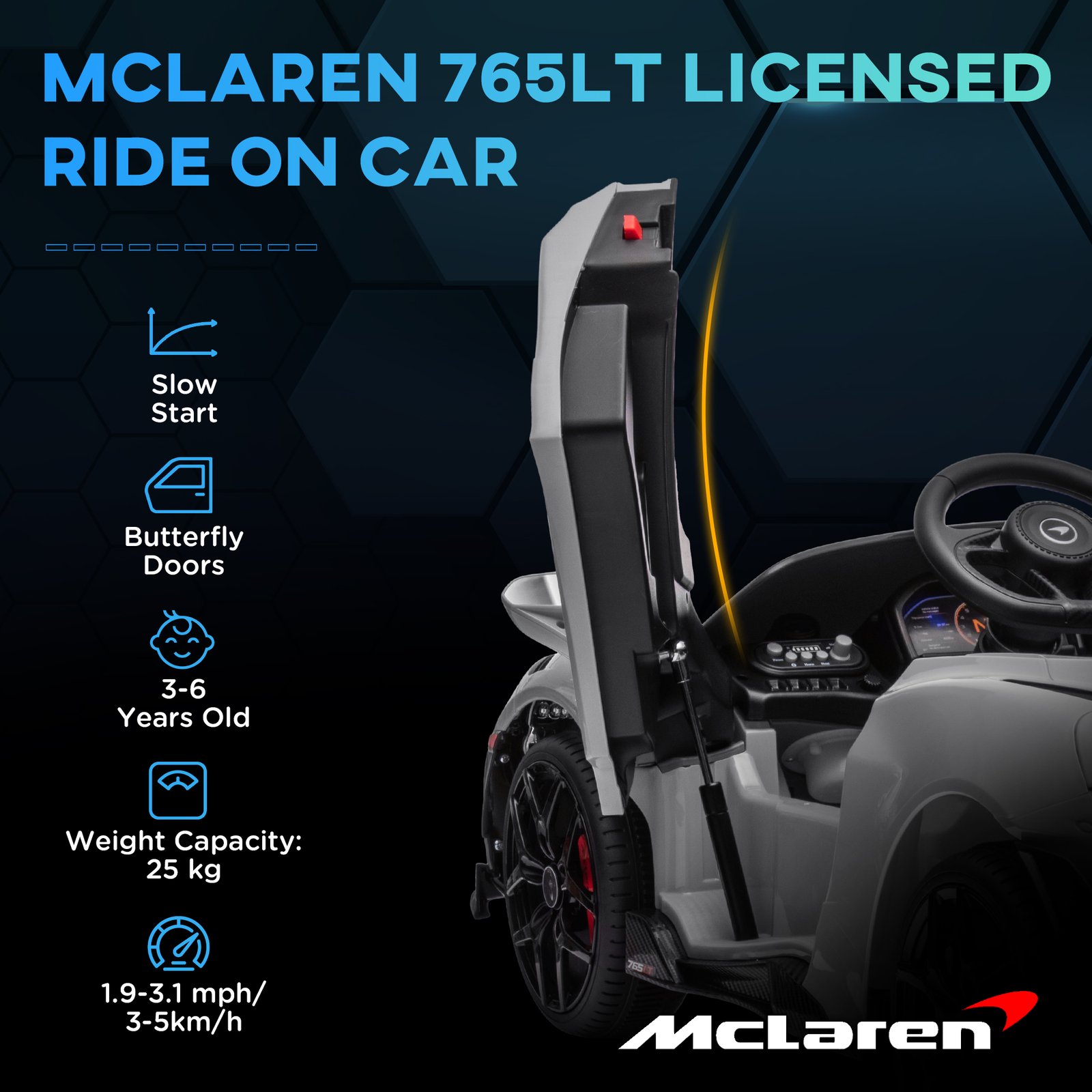 AIYAPLAY McLaren 765LT Licensed 12V Kids Electric Ride on Car with Butterfly Doors, Remote Control, Transport Wheels, Grey - Image 4