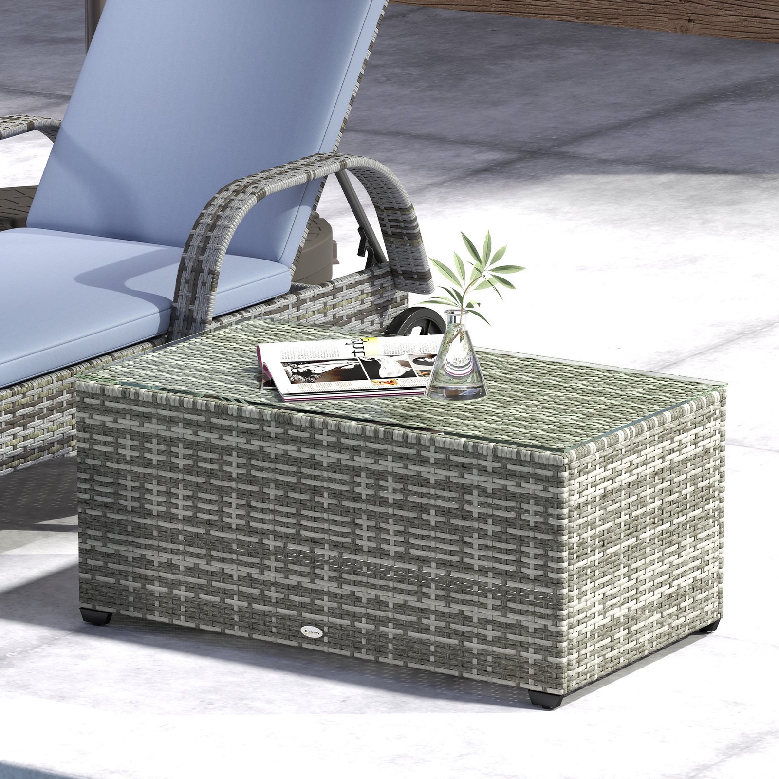 Outsunny 90 x 50cm Glass-Top Rattan Side Table - Light Grey - Image 8