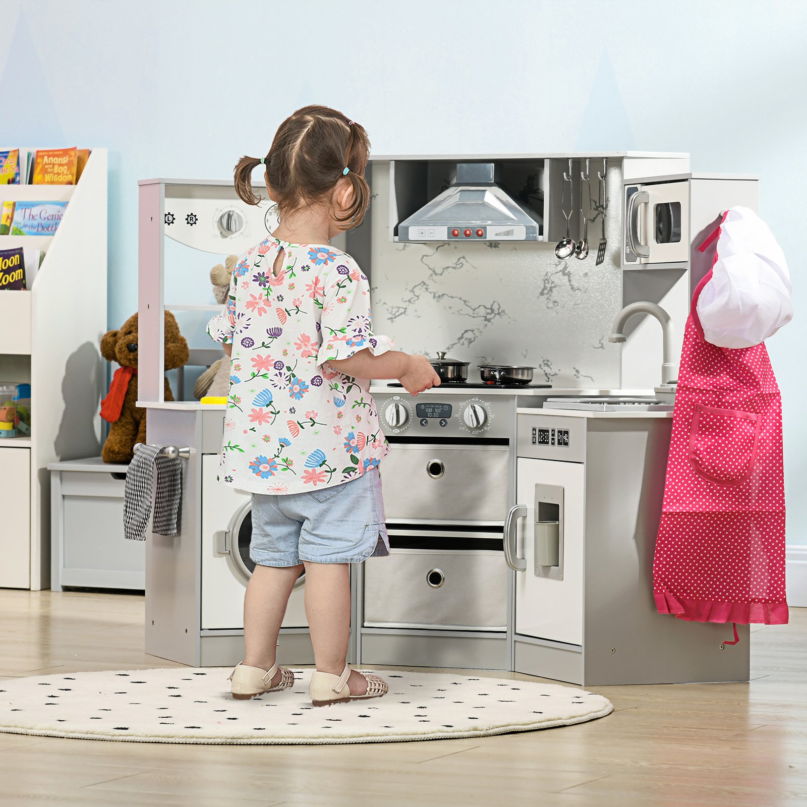 AIYAPLAY Toy Kitchen with Running Water, Lights, Sounds, Apron and Chef Hat, Water Dispenser, for Ages 3-6 Years, Grey - Image 2