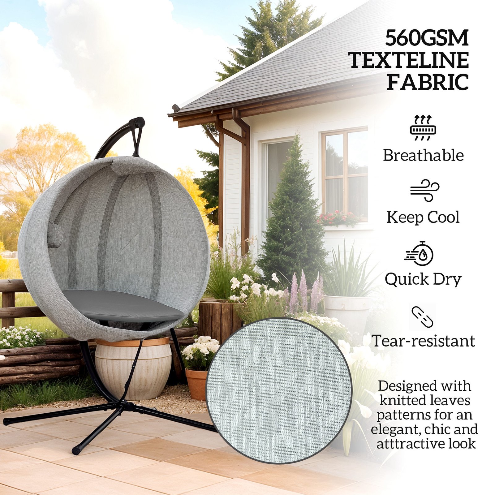 Outsunny Hanging Egg Chair Outdoor Indoor Garden Swing Chair with Folding Basket, Thickened Cushion, Cup Holder for Patio, Balcony, Grey - Image 5