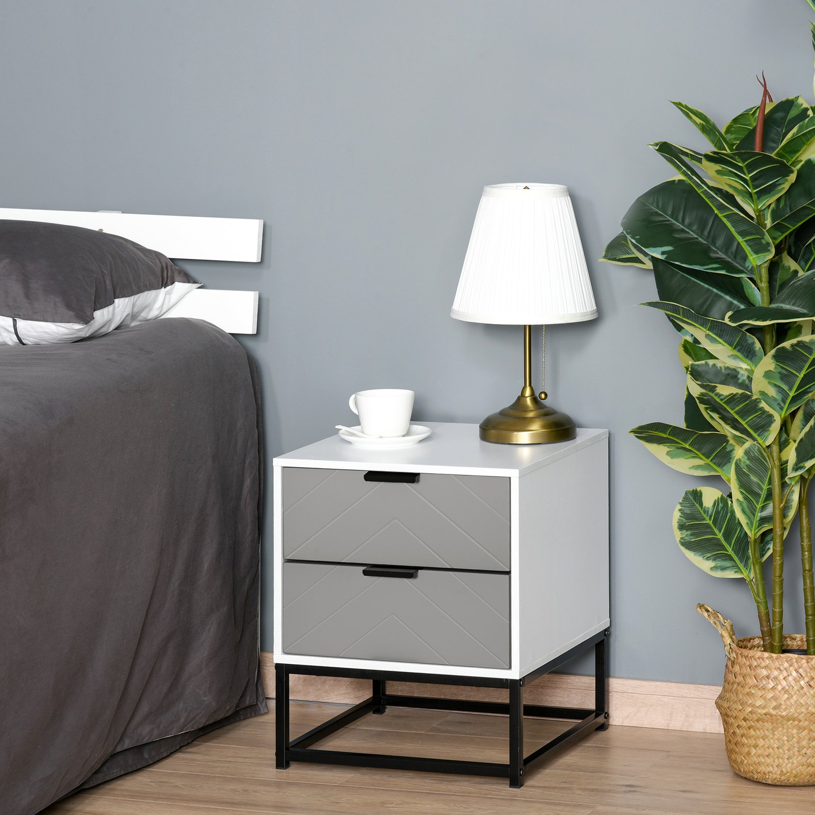 HOMCOM Bedside Cabinet with 2 Drawer Storage Unit, Unique Shape Bedroom Table Nightstand with Metal Base, for Living Room, Study Room, Dorm - Image 2