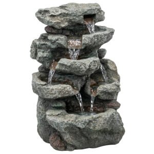 Outsunny Outdoor Fountain with 6-Tier Rock Design, Waterfall Feature with LED Lights, Resin Freestanding Garden Fountain, Grey