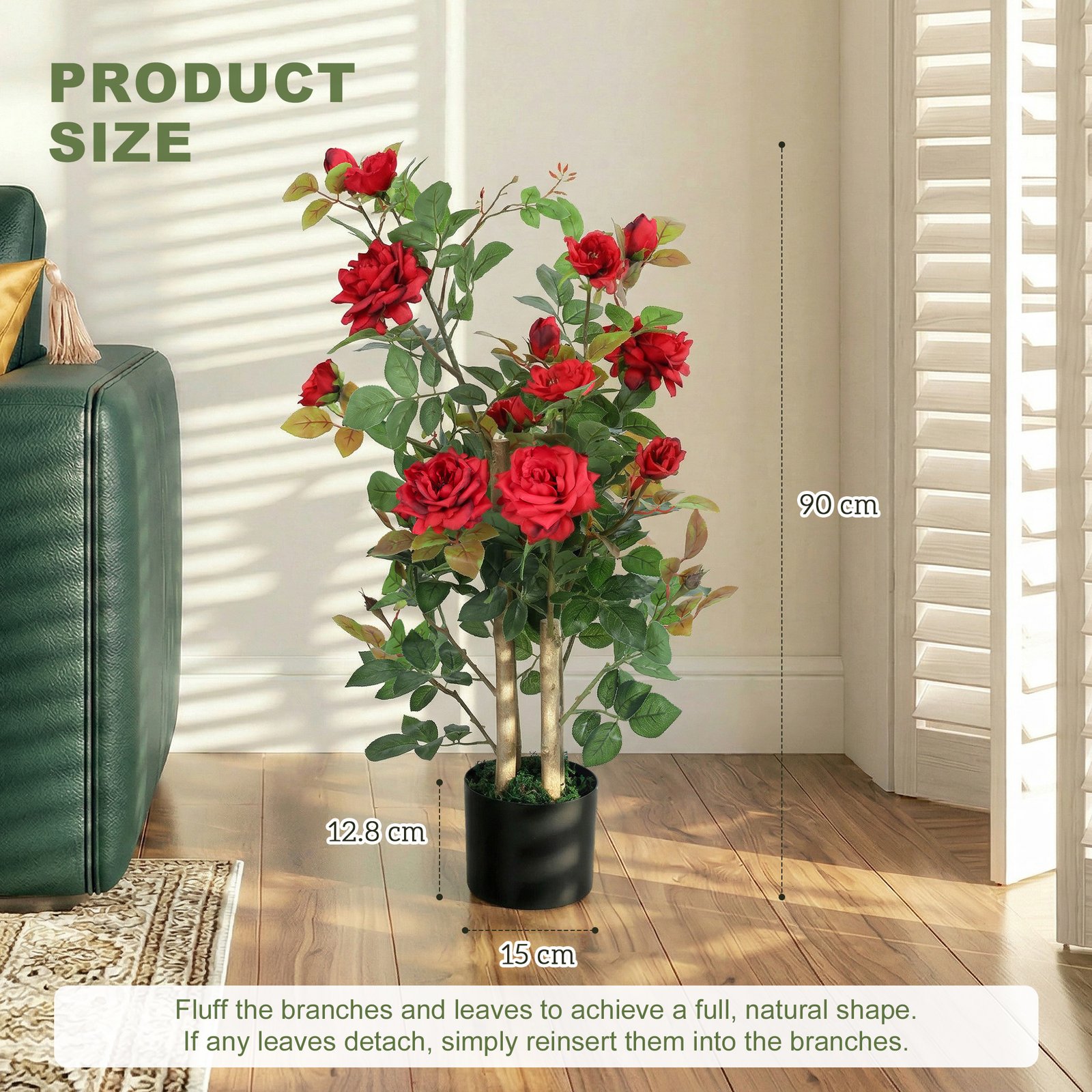 HOMCOM 90cm Artificial Rose Tree, Decorative Fake Plant with 344 Silk Leaves 17 Flowers for Outdoor Indoor Decor, Red - Image 3