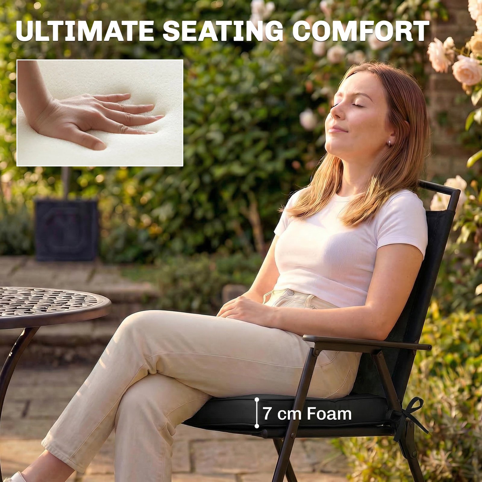 Outsunny Outdoor Chair Seat Cushions Set of 2, Garden Chair Cushions with 7cm Thick Foam & Ties, Black - Image 4
