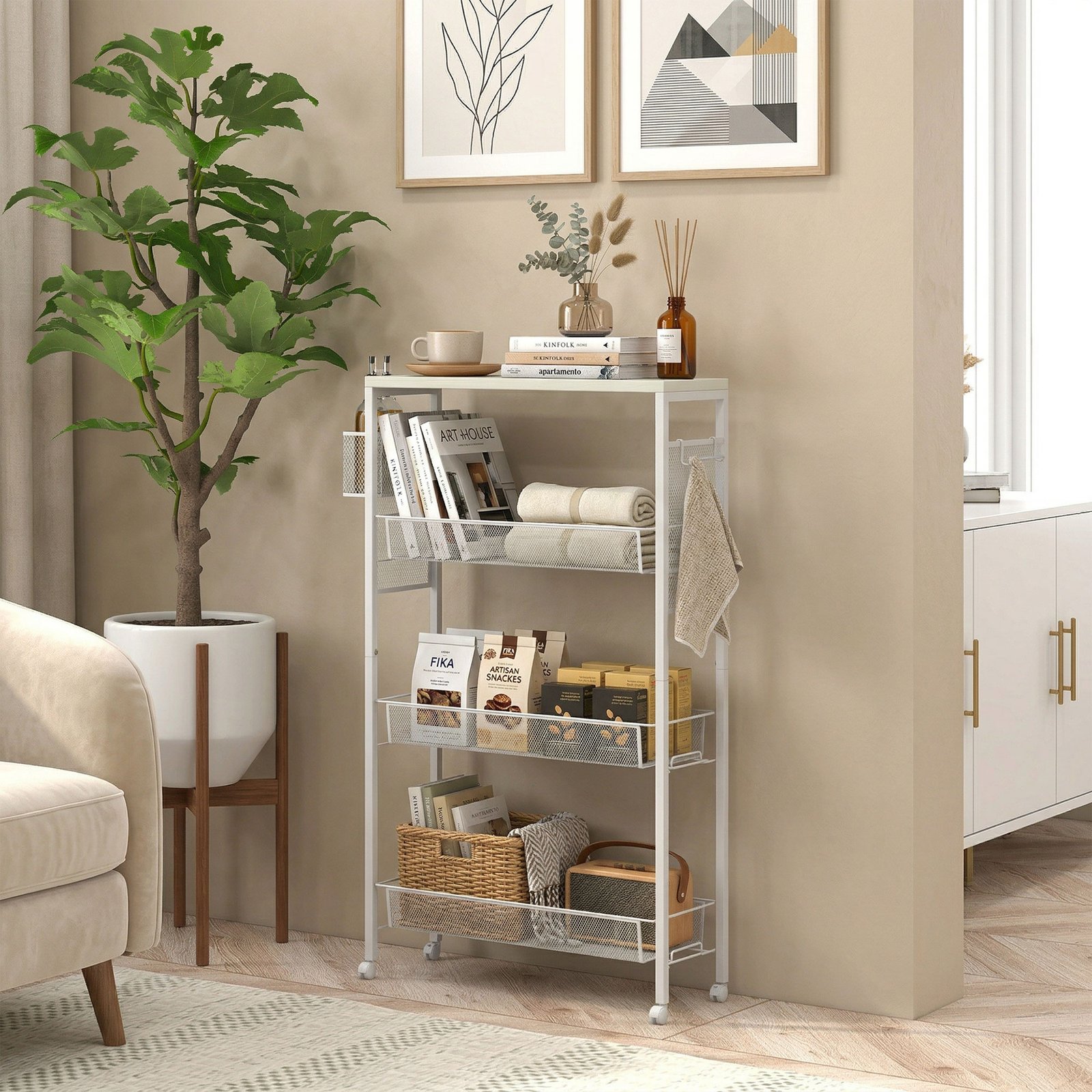 HOMCOM 3-Tier Kitchen Cart with 3 Steel Wire Baskets - White - Image 7