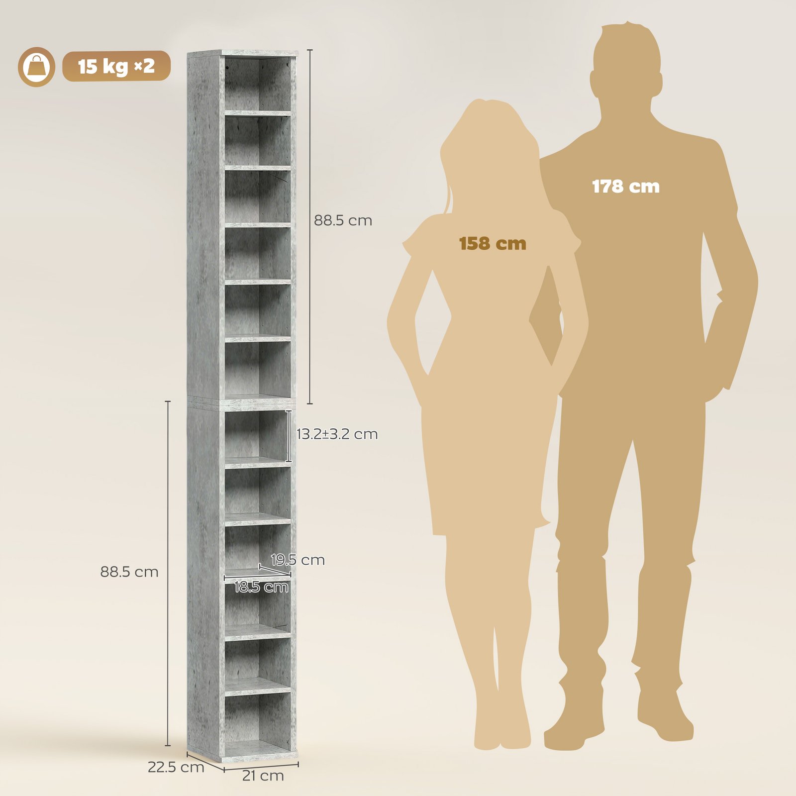 HOMCOM Set of 2 CD Media Display Shelf Unit Tower Rack with Adjustable Shelves, Cement Grey - Image 3