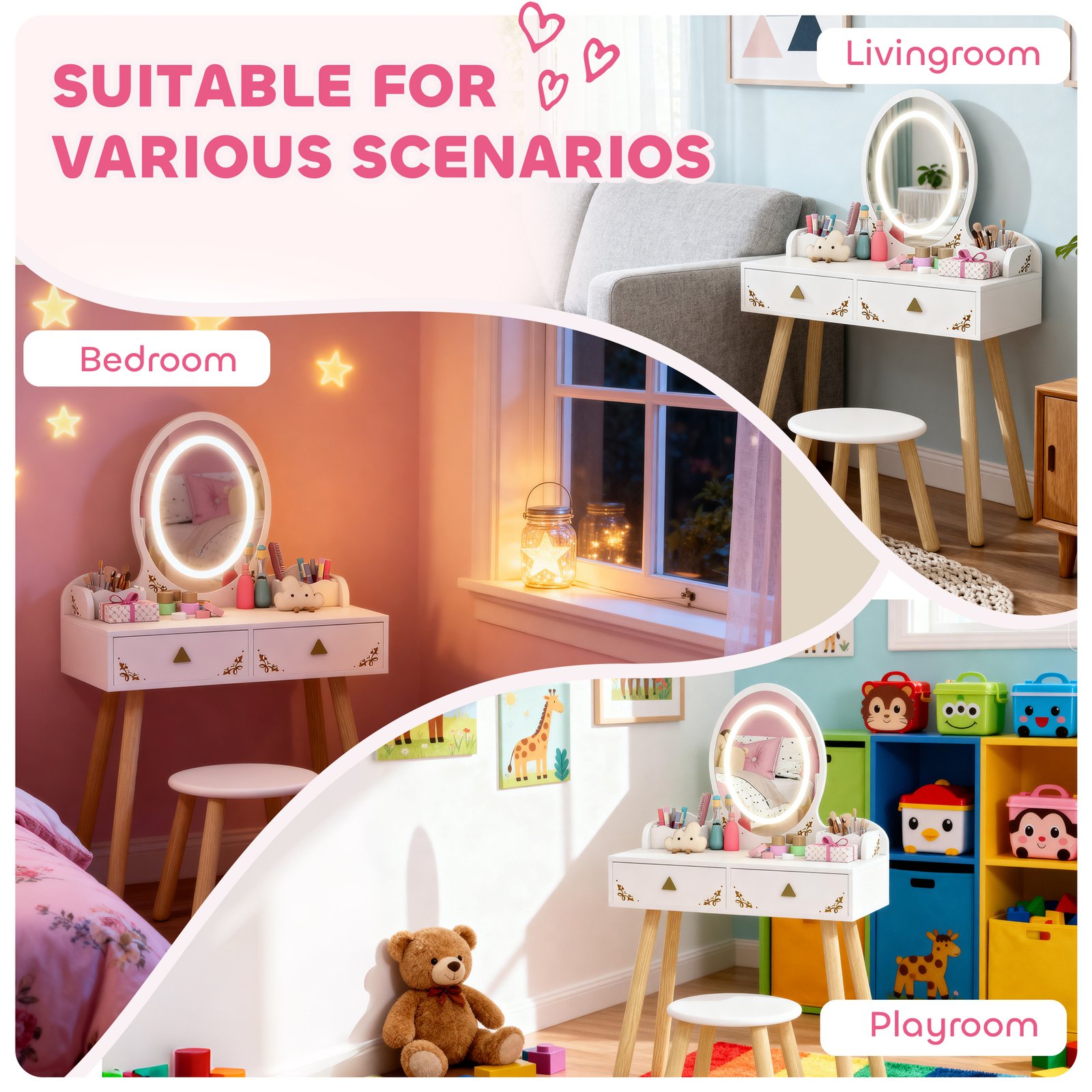 AIYAPLAY Kids Vanity Table and Chair Set with 3-Colour LED Lights Mirror, Drawer, Storage Boxes, for 3+ Years, White - Image 8