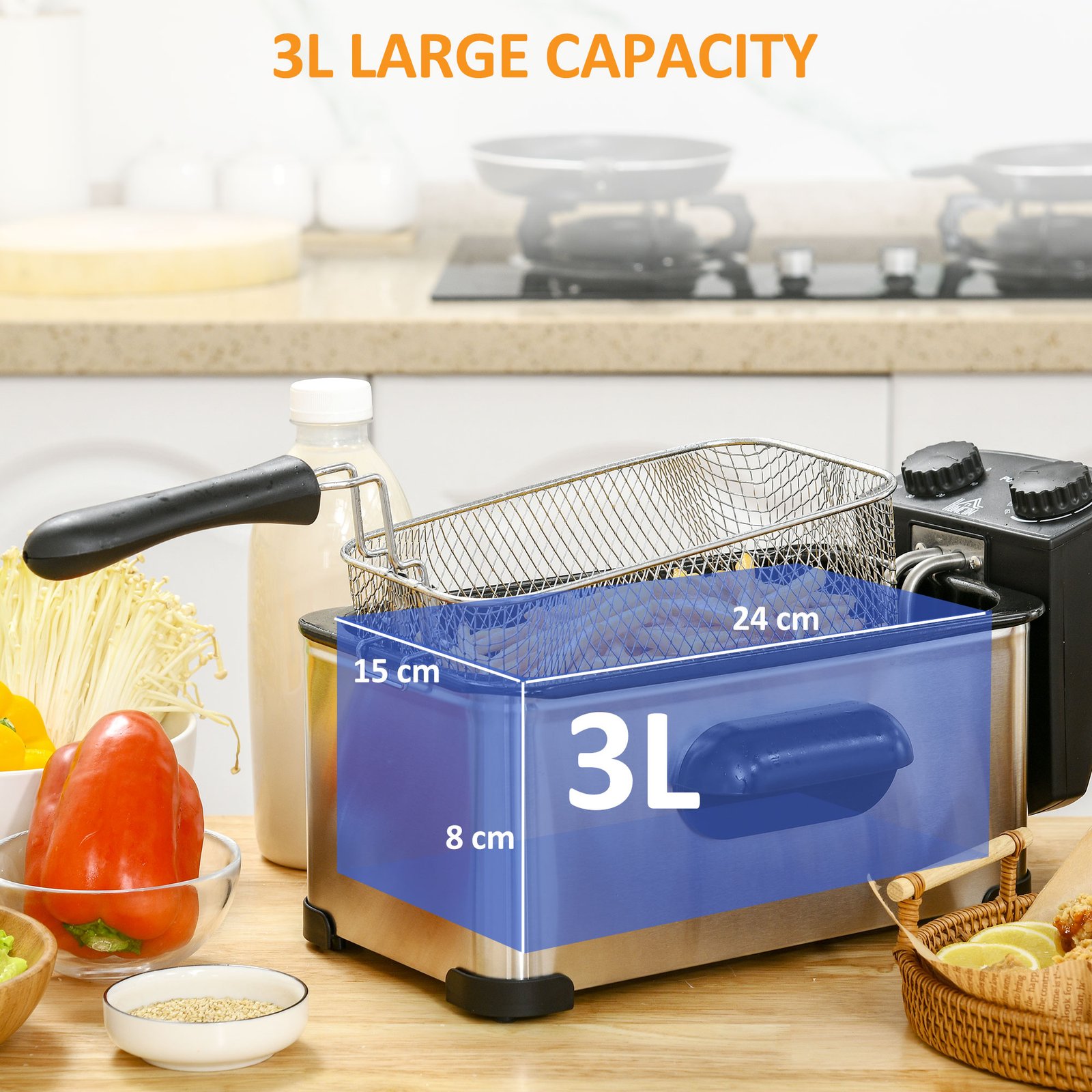 HOMCOM 3 Litre Stainless Steel Deep Fat Fryer with Adjustable Temp, 60min Timer, Viewing Window and Safety Cut Out, 2000W - Image 8