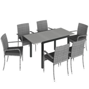 Outsunny 7 Piece Rattan Garden Furniture Set, 6 Seater Garden Table and 6 Stackable Chairs with Extendable Acacia Wood Tabletop