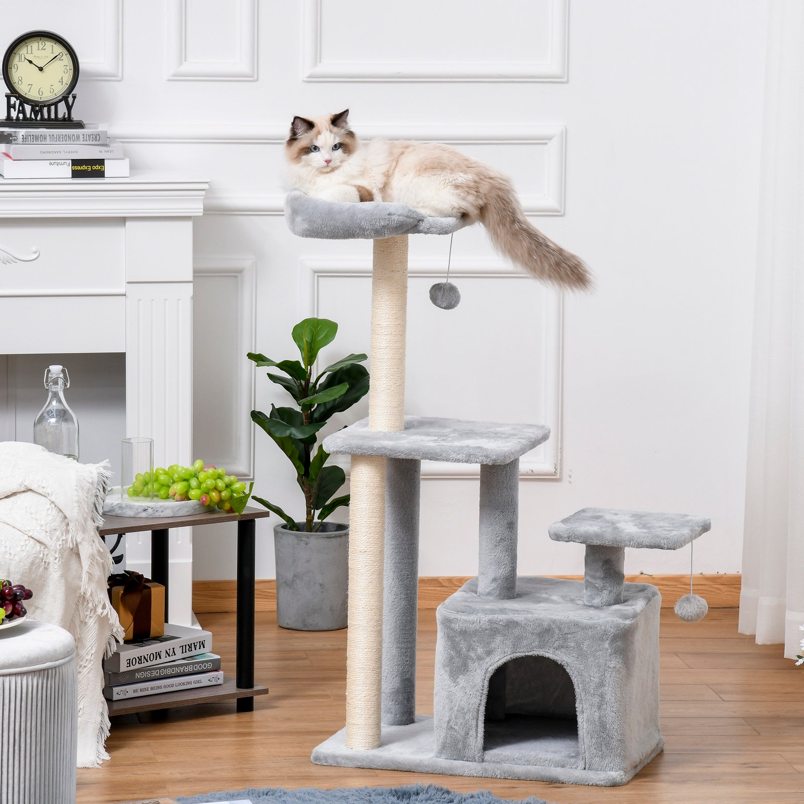 PawHut Cat Tree Tower for Indoor Cats 114cm Climbing Activity Centre Kitten with Sisal Scratching Post Perch Hanging Ball Condo Toy Light Grey - Image 2