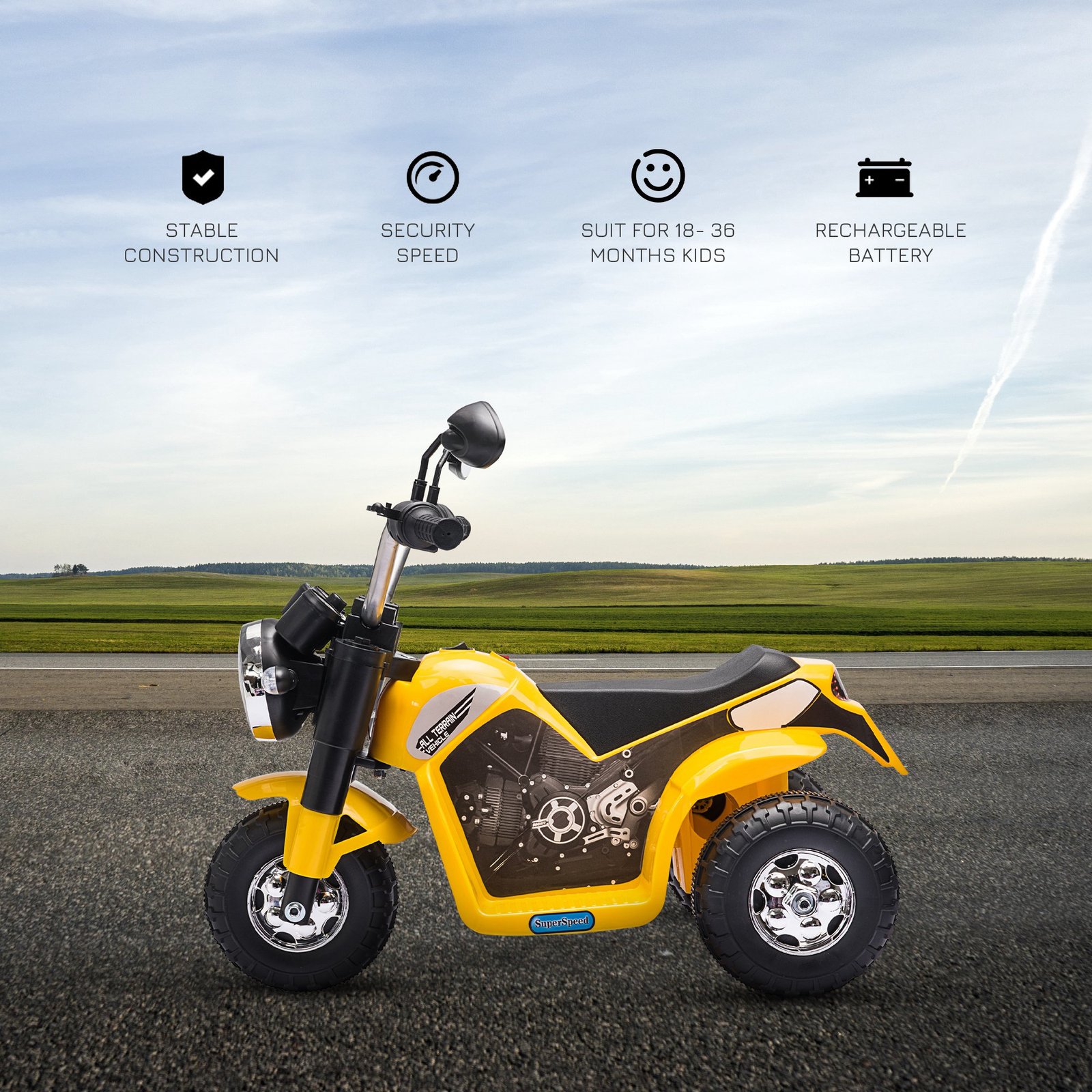 HOMCOM 6V Kids Electric Motorbike 3 Wheels Ride On Toy with Horn Headlights Realistic Sounds for Girl Boy 18 - 36 Months Yellow - Image 4