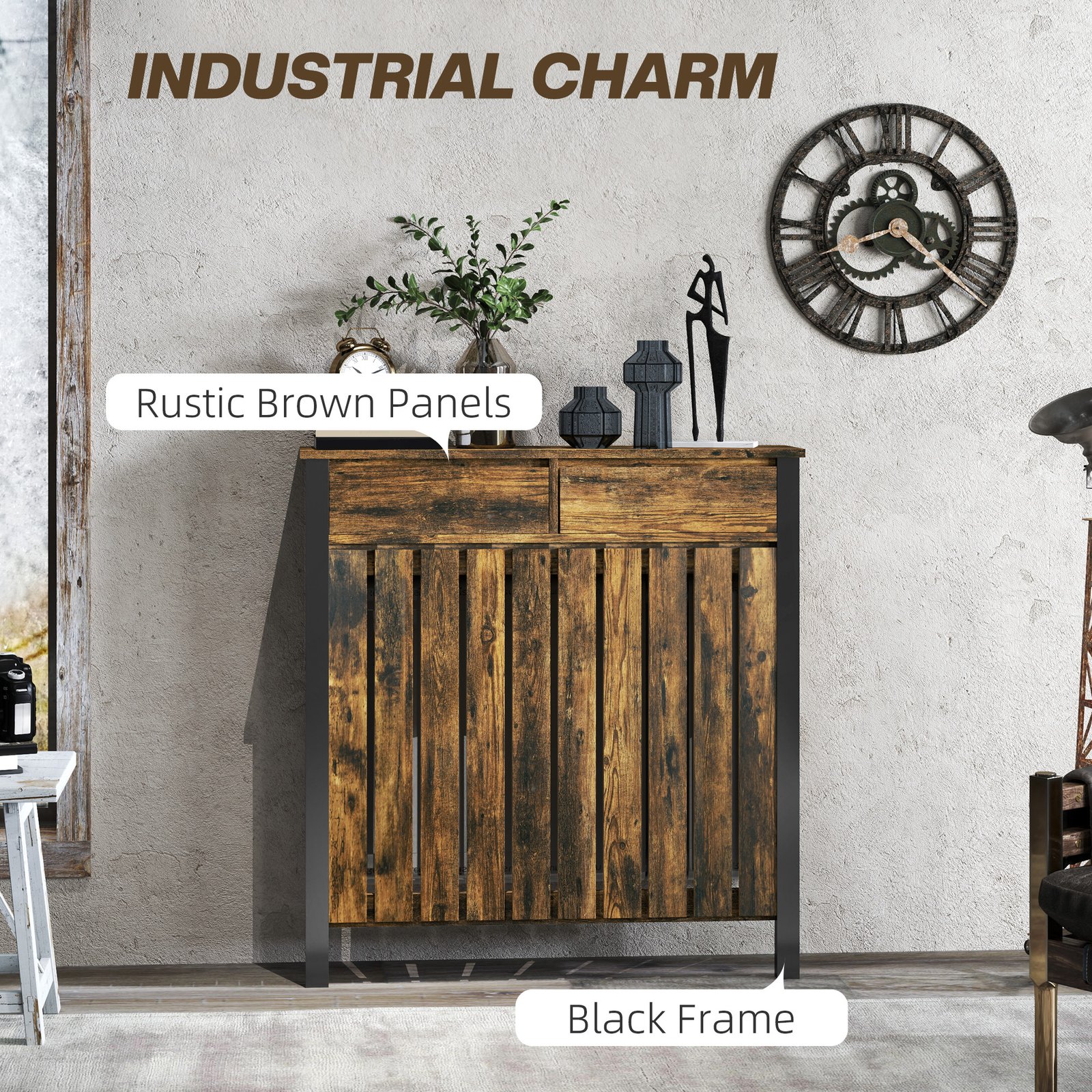 HOMCOM 93 x 88.5cm Rustic-Look Radiator Cover - Brown/Black - Image 5