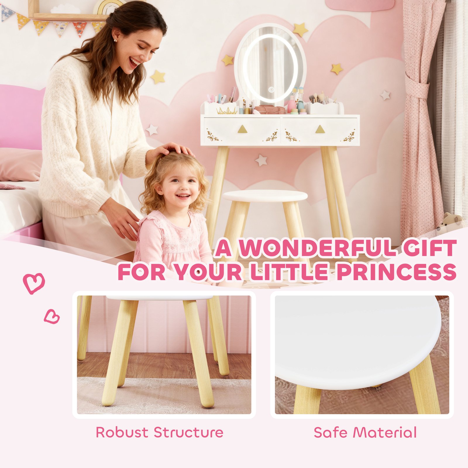 AIYAPLAY Kids Vanity Table and Chair Set with 3-Colour LED Lights Mirror, Drawer, Storage Boxes, for 3+ Years, White - Image 9