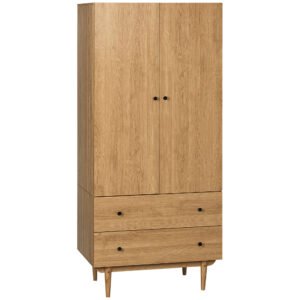 HOMCOM Wardrobe with 2 Doors, 2 Drawers, Hanging Rail for Bedroom Clothes Storage Organiser, 80x52x180cm, Natural Tone