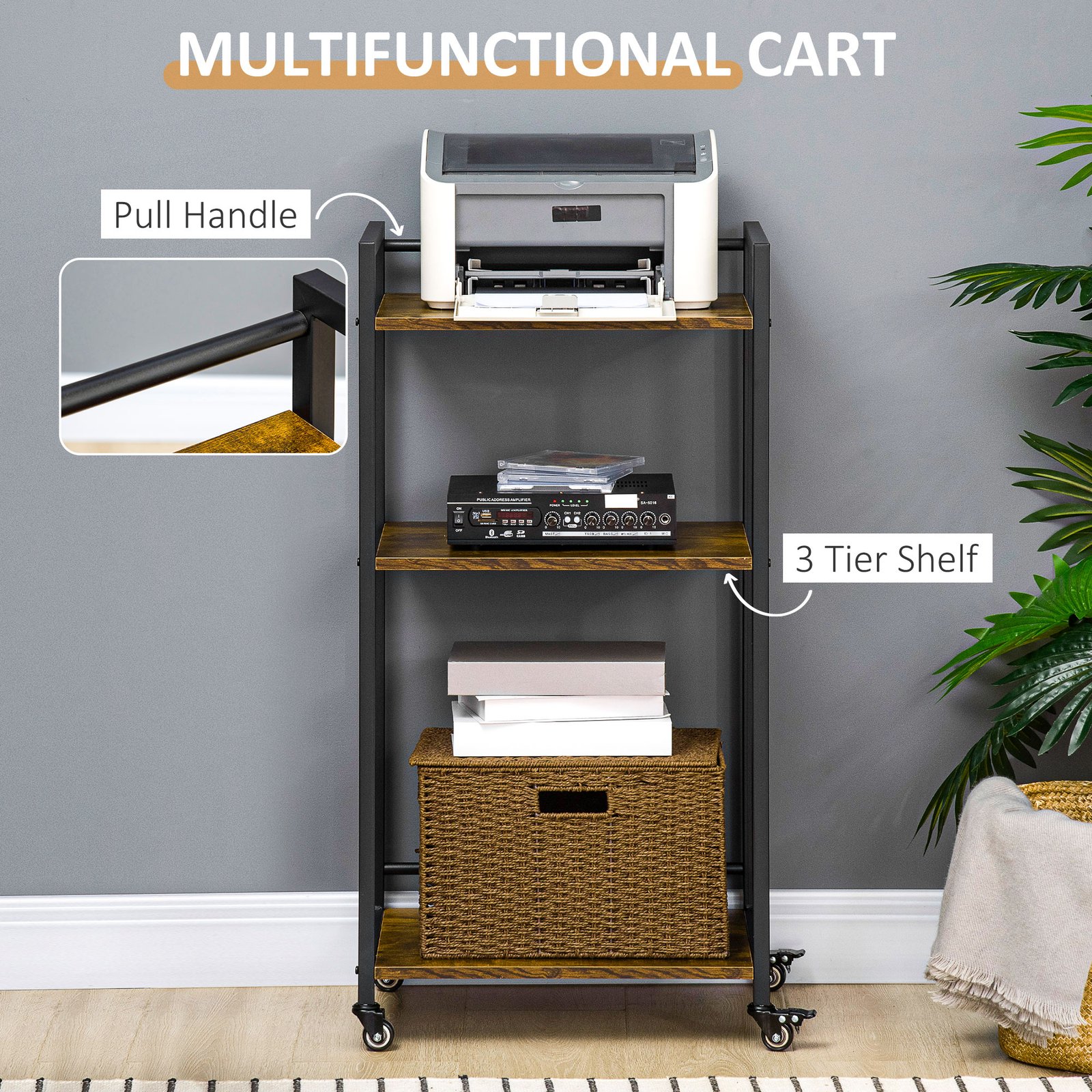 HOMCOM 3-Tier Printer Stand, Utility Cart, Rolling Trolley with Adjustable Shelves with Lockable Wheels for Home Office, Rustic Brown - Image 4