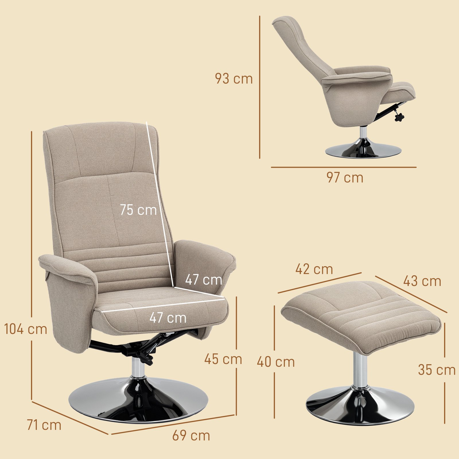 HOMCOM Swivel Recliner Chair with Footstool, Velvet Recliner Armchair with Ottoman, Steel Base, Upholstered Reclining Chair for Living Room, Bedroom, Office, Beige - Image 3