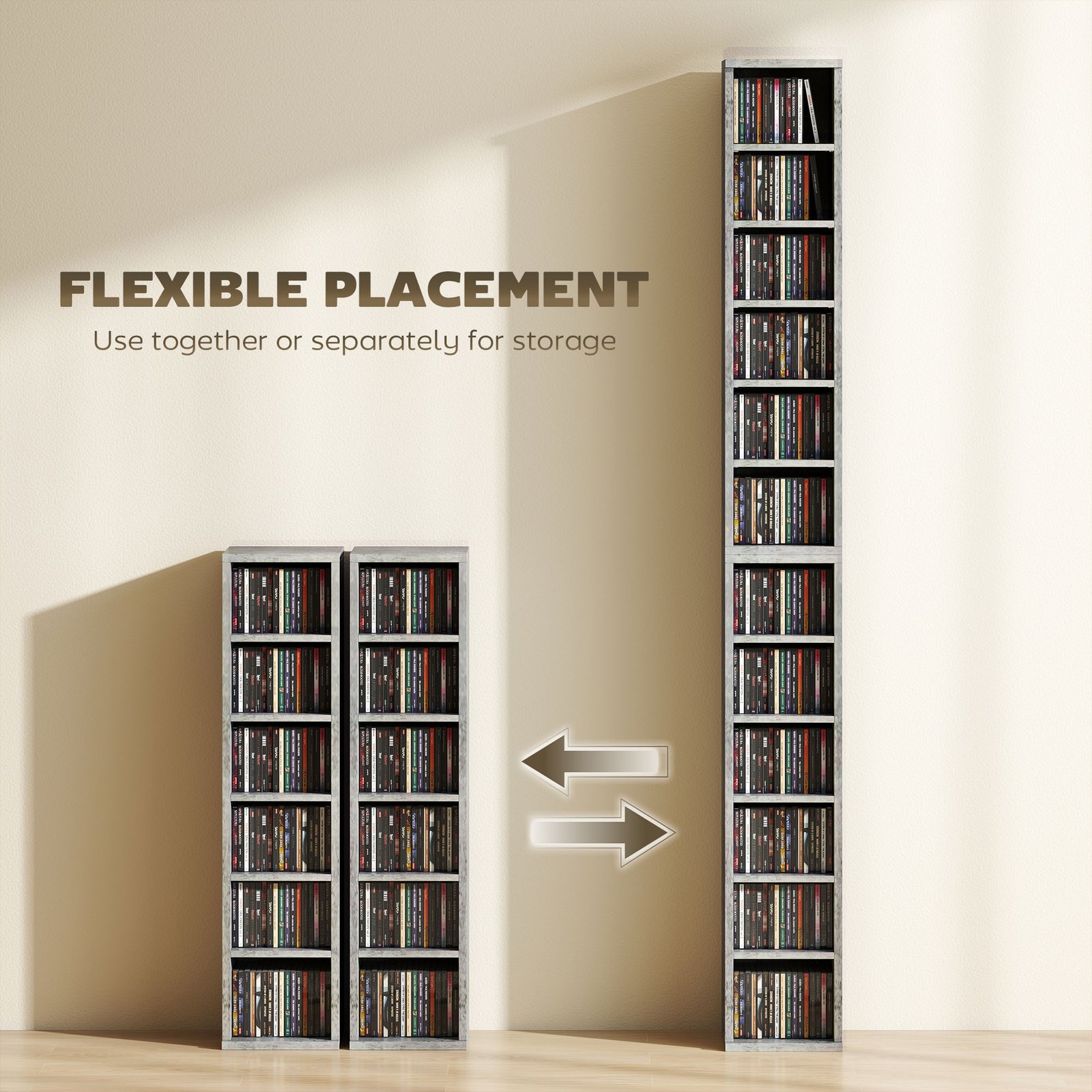 HOMCOM Set of 2 CD Media Display Shelf Unit Tower Rack with Adjustable Shelves, Cement Grey - Image 5