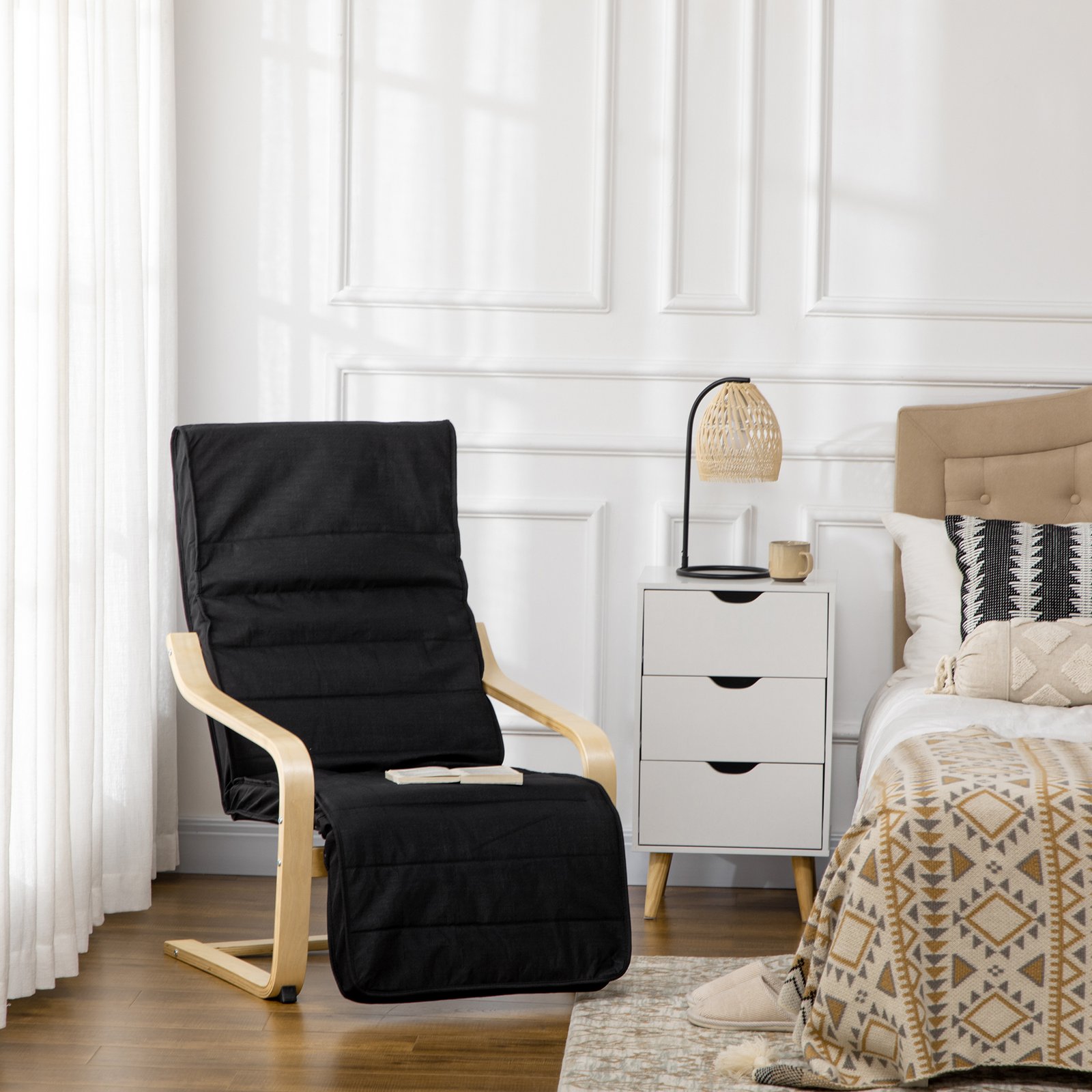HOMCOM Wooden Armchair, Upholstered Linen Lounge Chair with Adjustable Footrest & Removable Cushion, Poang Chair for Living Room, Black - Image 2