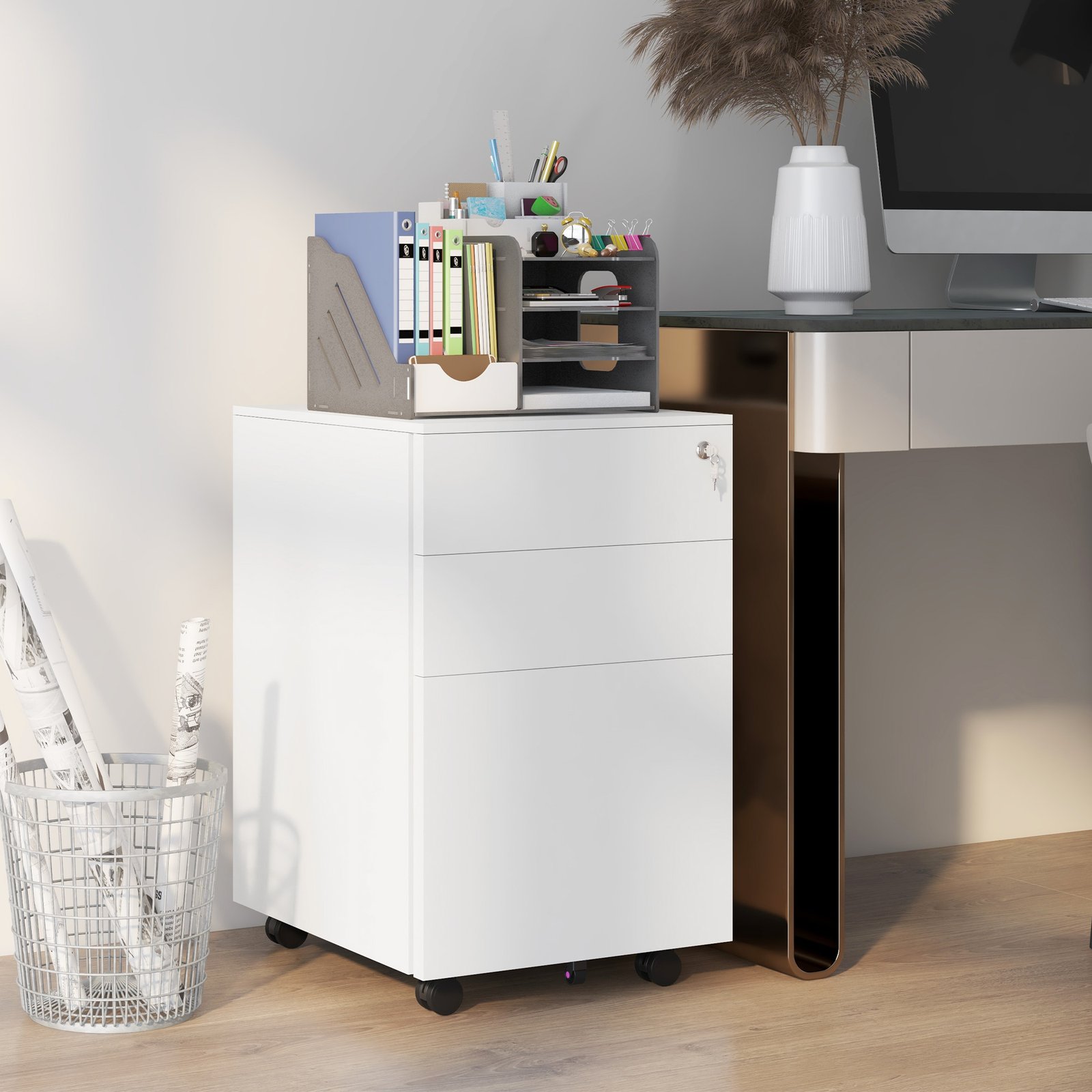 Vinsetto 3-Drawer Vertical Filing Cabinet with Pencil Tray, Lock and 5 Wheels, Steel Mobile File Cabinet, for A4, Legal and Letter Size, Pre-Assembled Body, White - Image 2