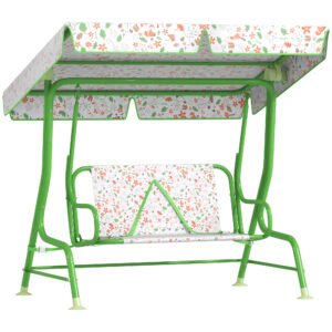 AIYAPLAY Kids Garden Swing Chair with Adjustable Canopy, Safety Belt, 2 Seater Hammock Swing Bench for Patio, Porch, Green