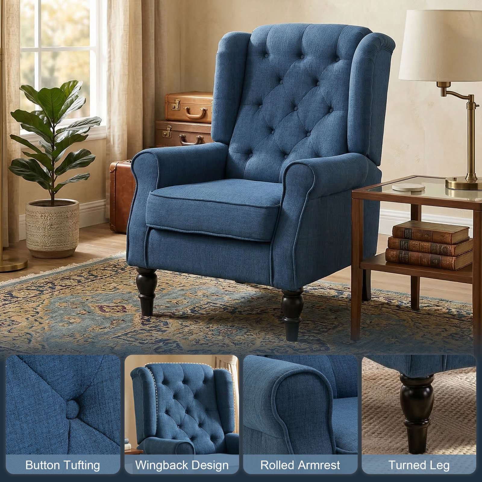 HOMCOM Wingback Accent Chair, Retro Upholstered Button Tufted Occasional Chair for Living Room and Bedroom, Blue - Image 4