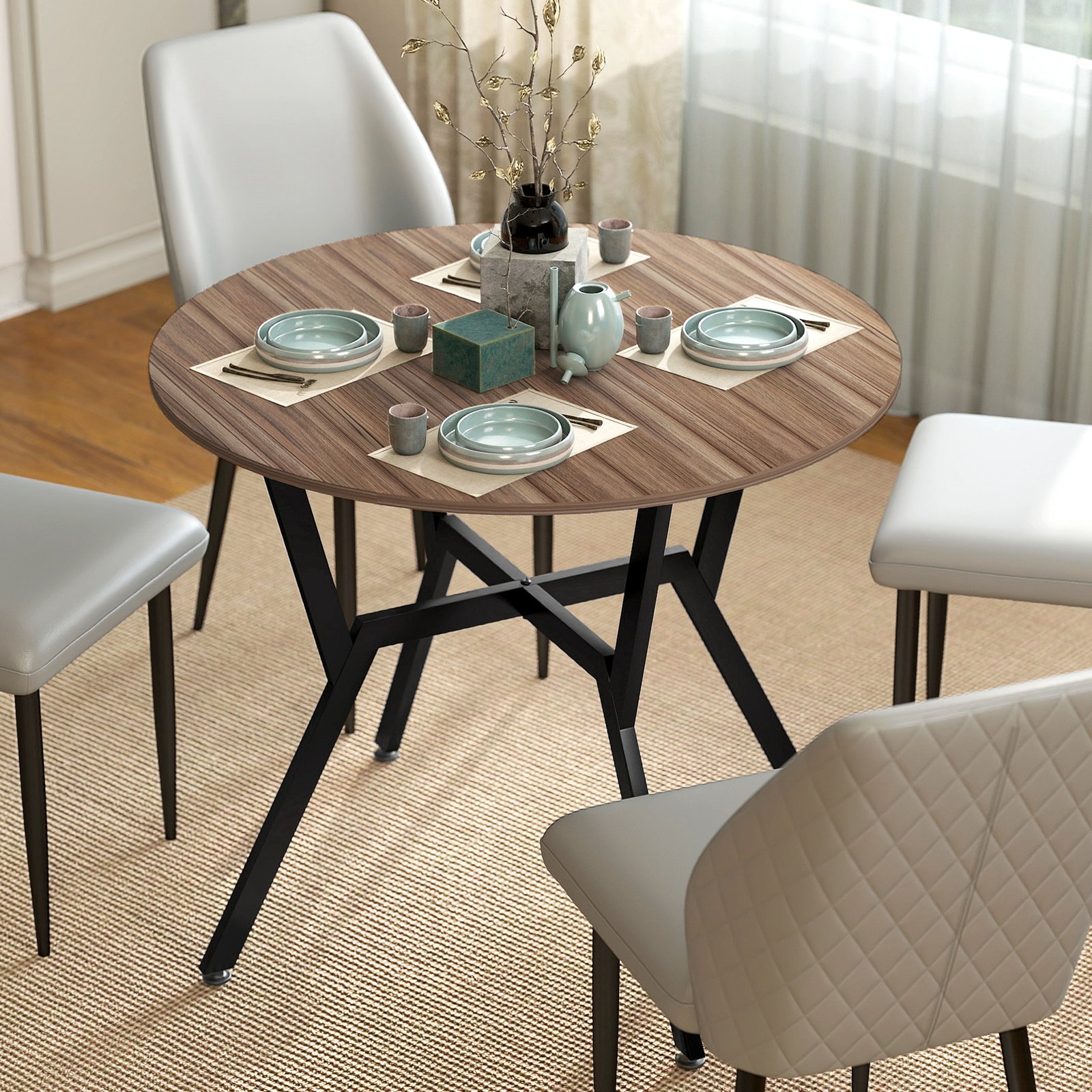 HOMCOM Dining Table, Round Kitchen Table with Black Legs, Anti-slip Foot Pads for Living Room, Dining Room 90 x 76 cm, Brown - Image 2